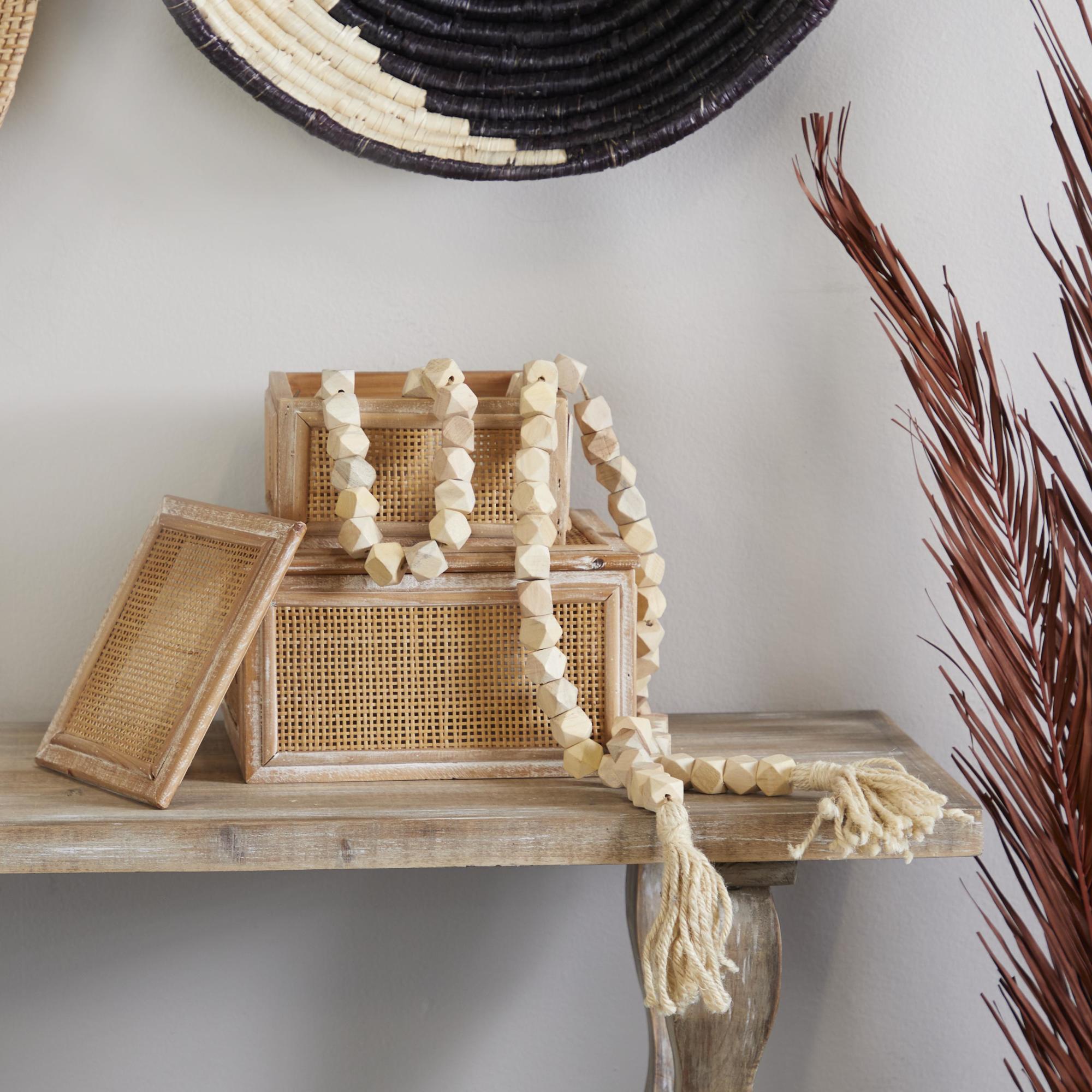 Mango Wood Handmade Hexagon Carved Geometric Long Beaded Garland with Tassel