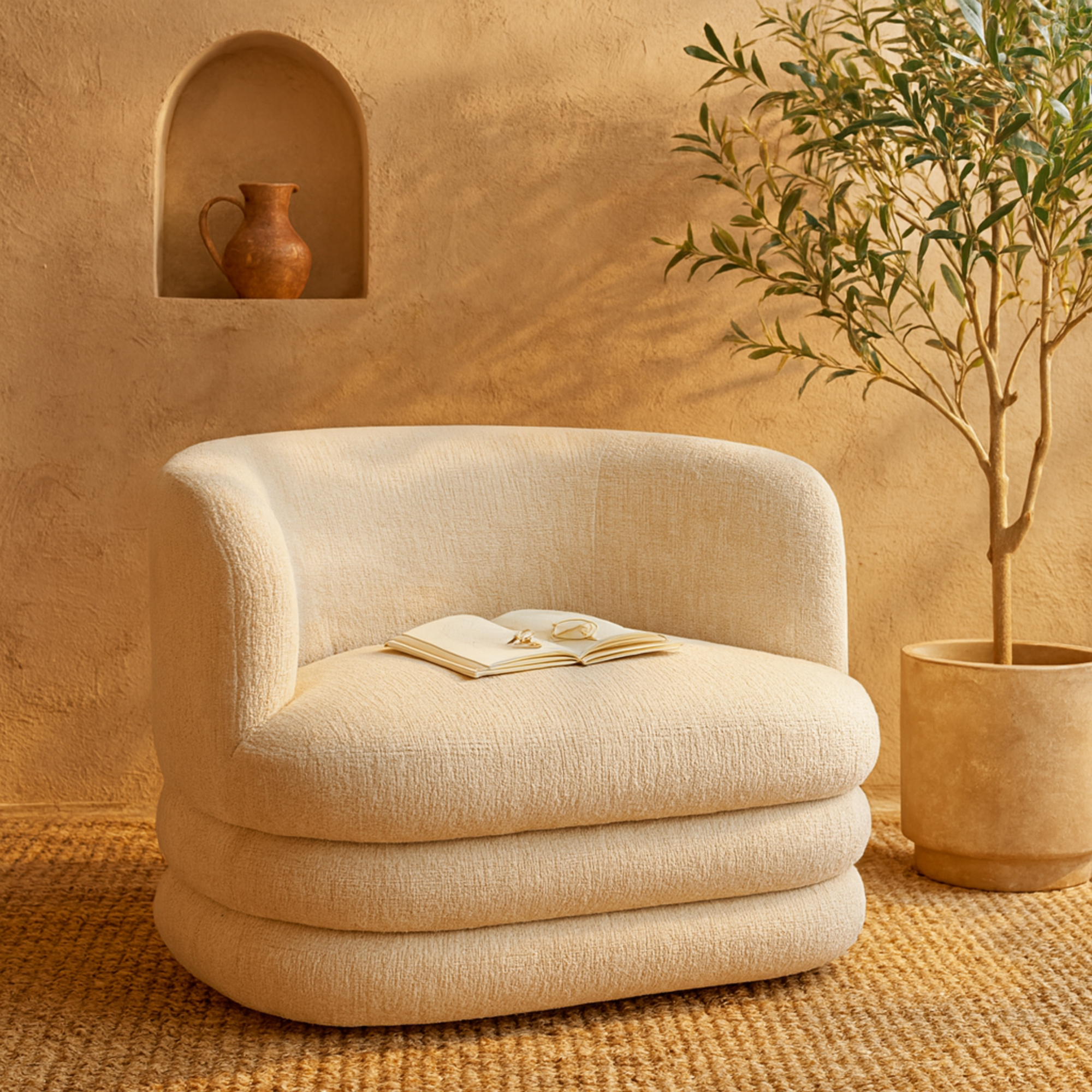 Beige Polyester Arched Swivel Living Room Accent Chair