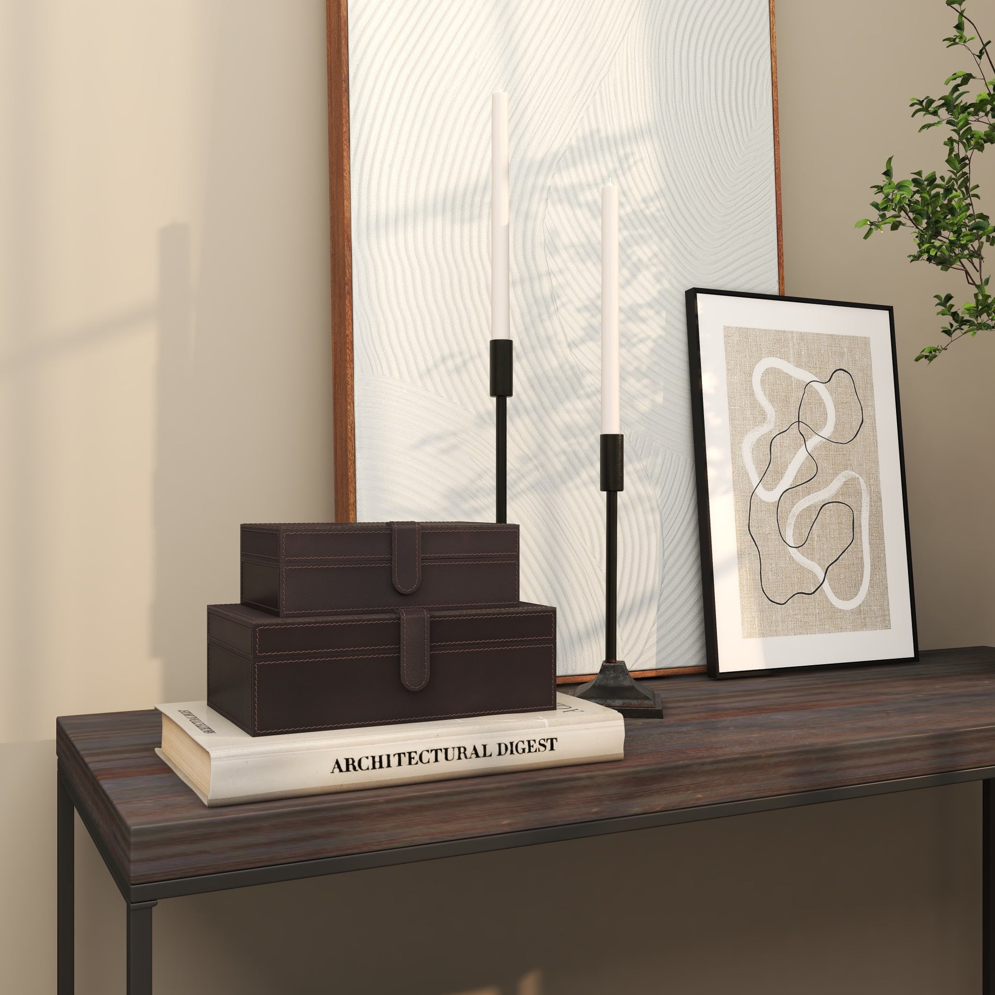 Set of 2 Leather Handmade Decorative Box with Snap Front Closure and Detailed Stitching