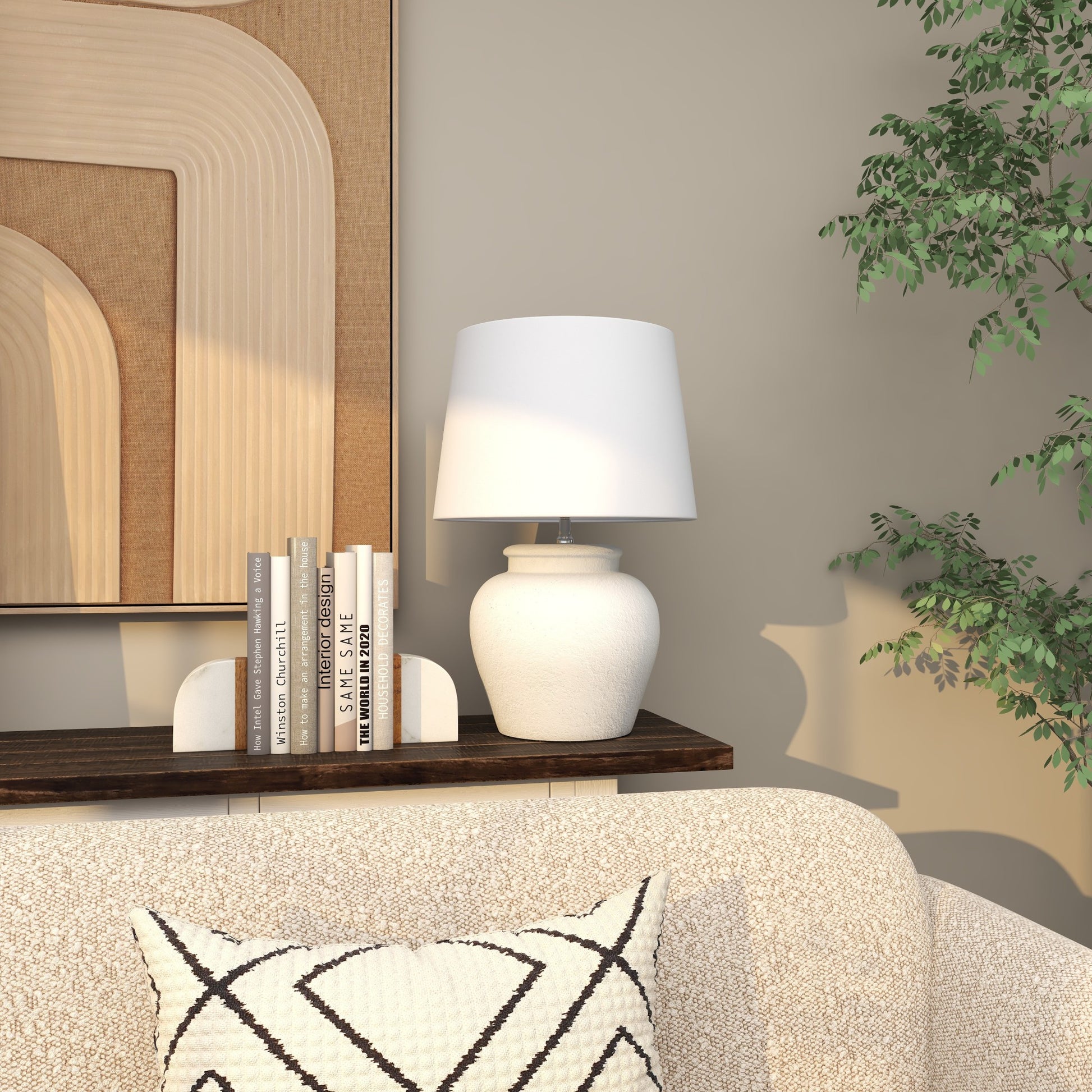 White Cement Stone Pot Inspired Room Table Lamp with Textured Exterior