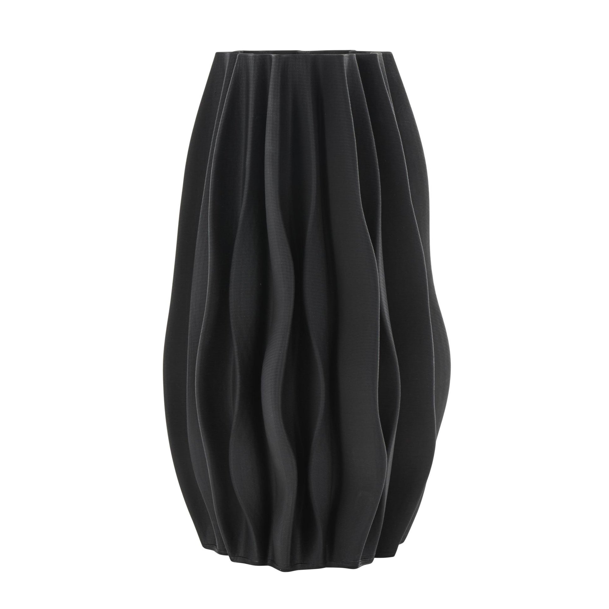 Abstract Black Ceramic Dimensional Wavy Ribbed Decorative Vase with Floral Shaped Rim