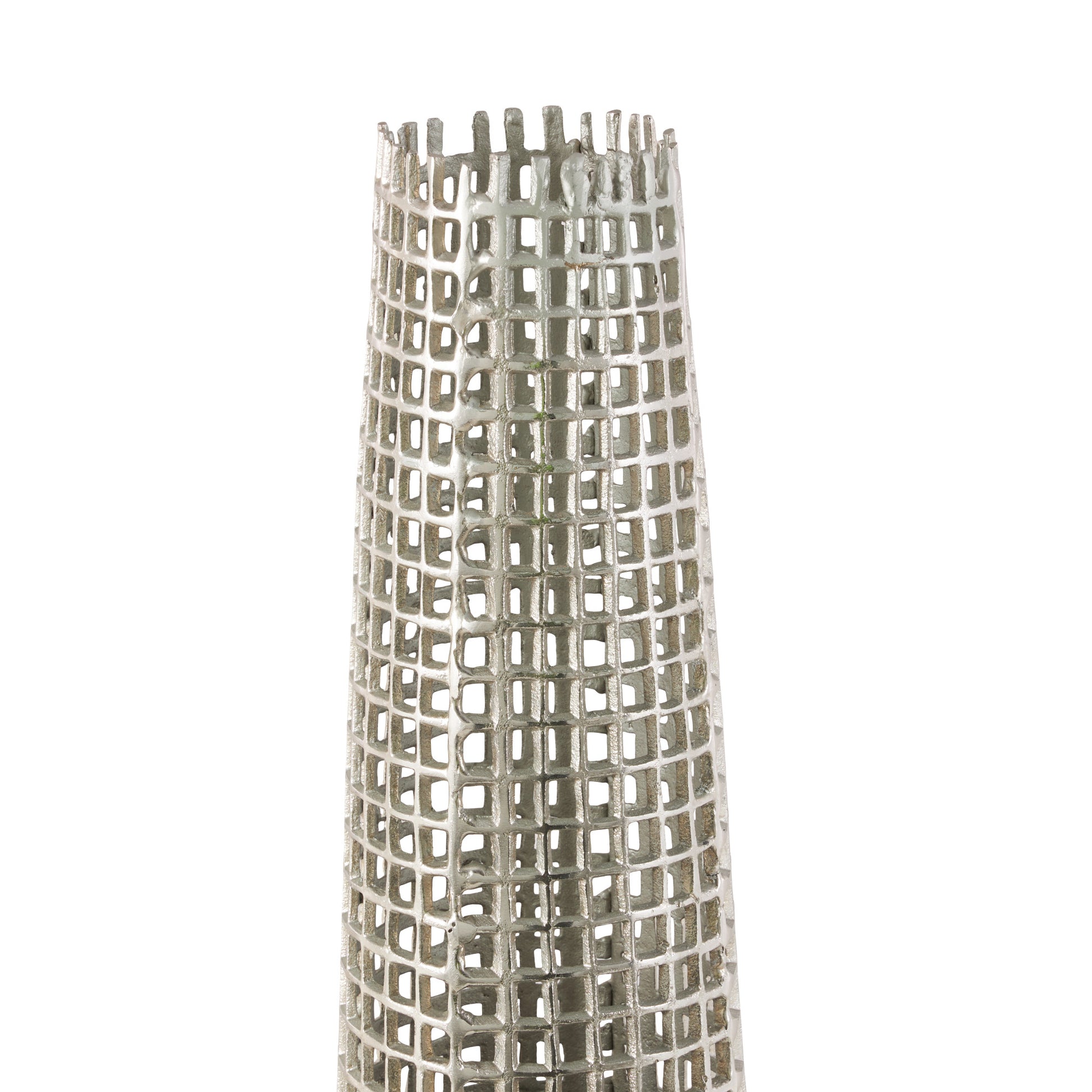 Silver Aluminum Metal Tall Grid Inspired Decorative Vase with Open Frame Design