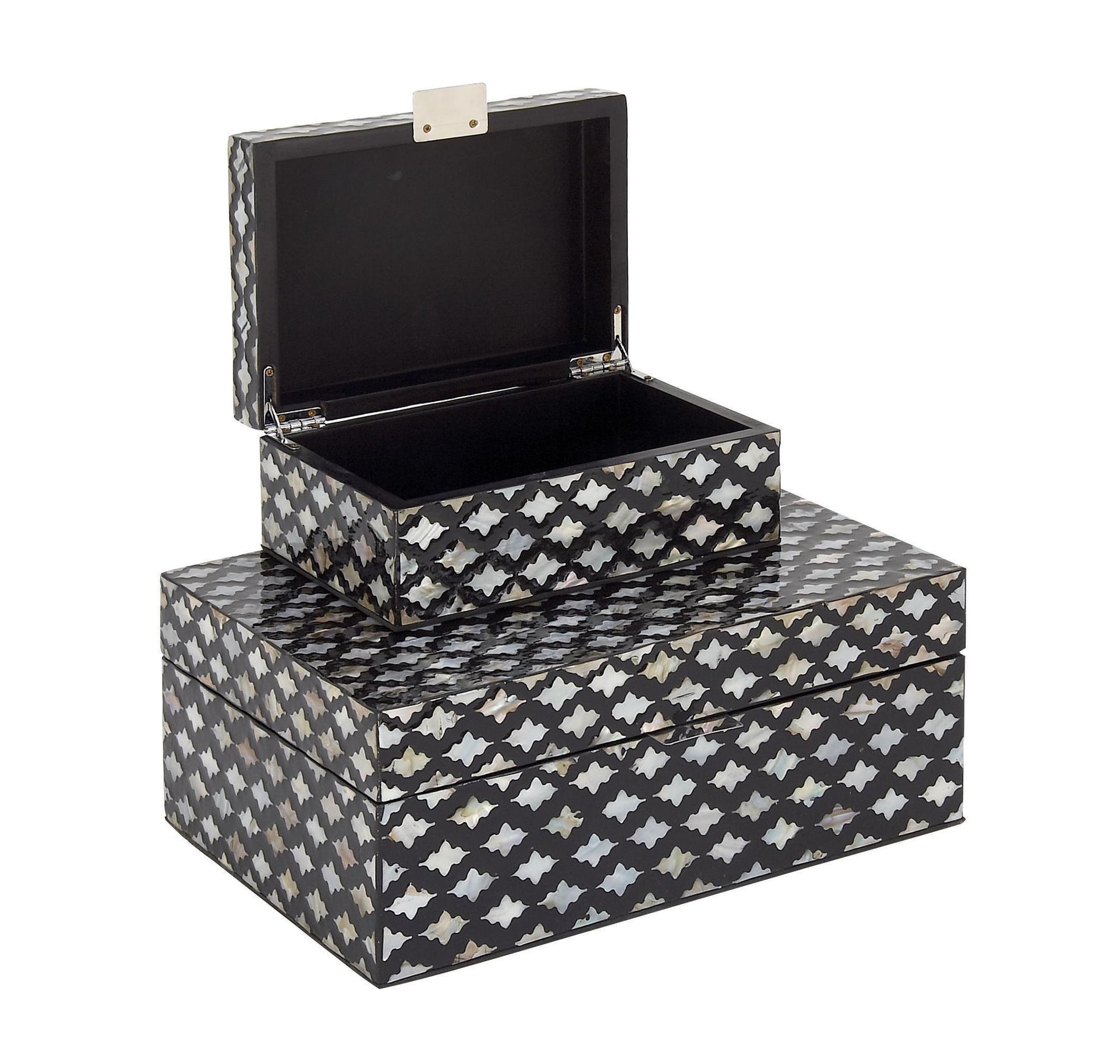 Set of 2 Moroccan Black Mother of Pearl Shell Decorative Box with Hinged Lid