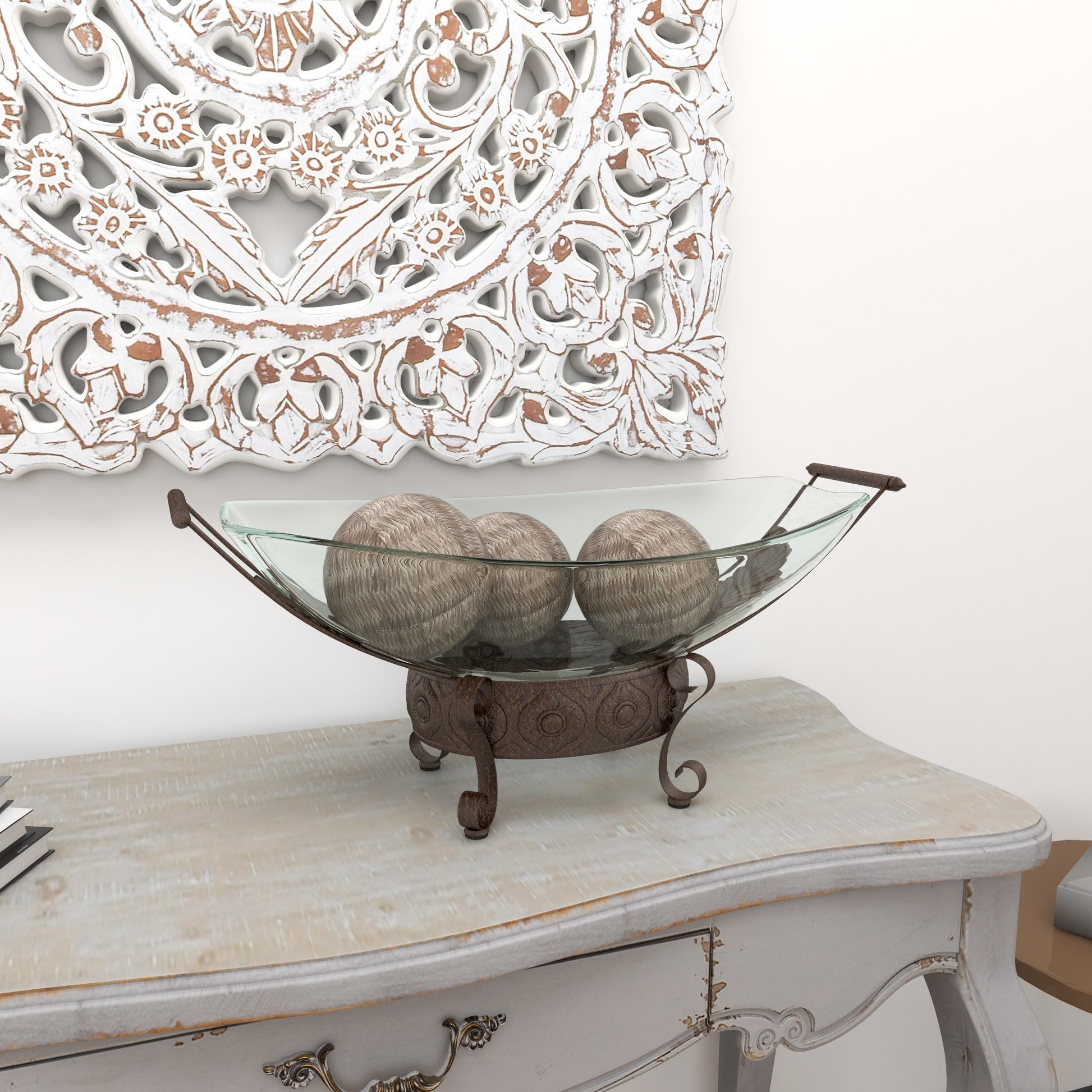 Kitchen Clear Tempered Glass Decorative Serving Bowl with Brown Metal Scroll Base