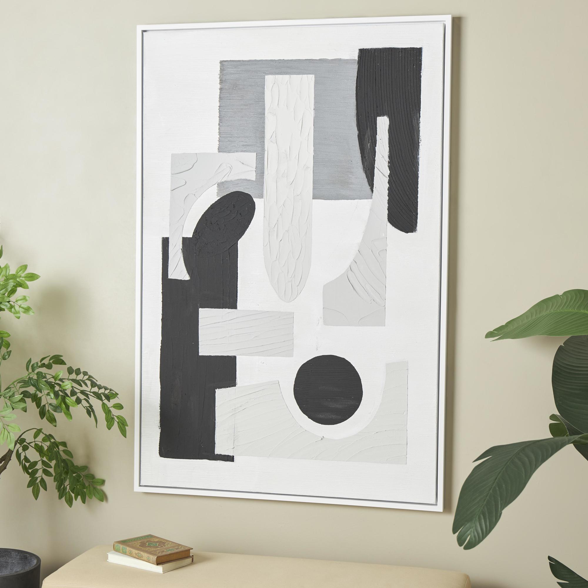 Geometric Canvas Textured Living Room Framed Wall Art with Various Shapes and White Accents