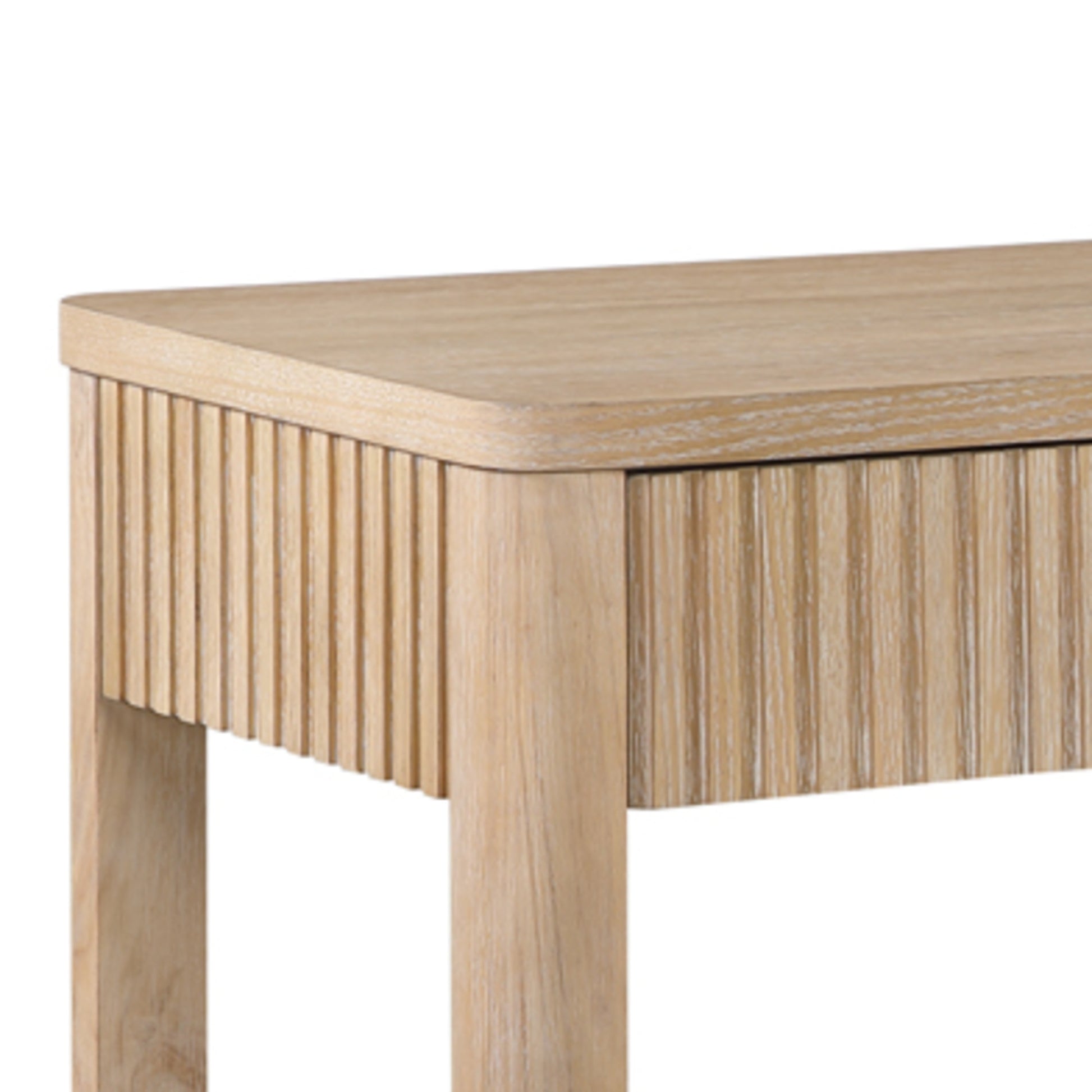 Light Brown Wooden Slatted 2 Drawer Living Room Console Table with Natural Wood Grains and Silver Handles