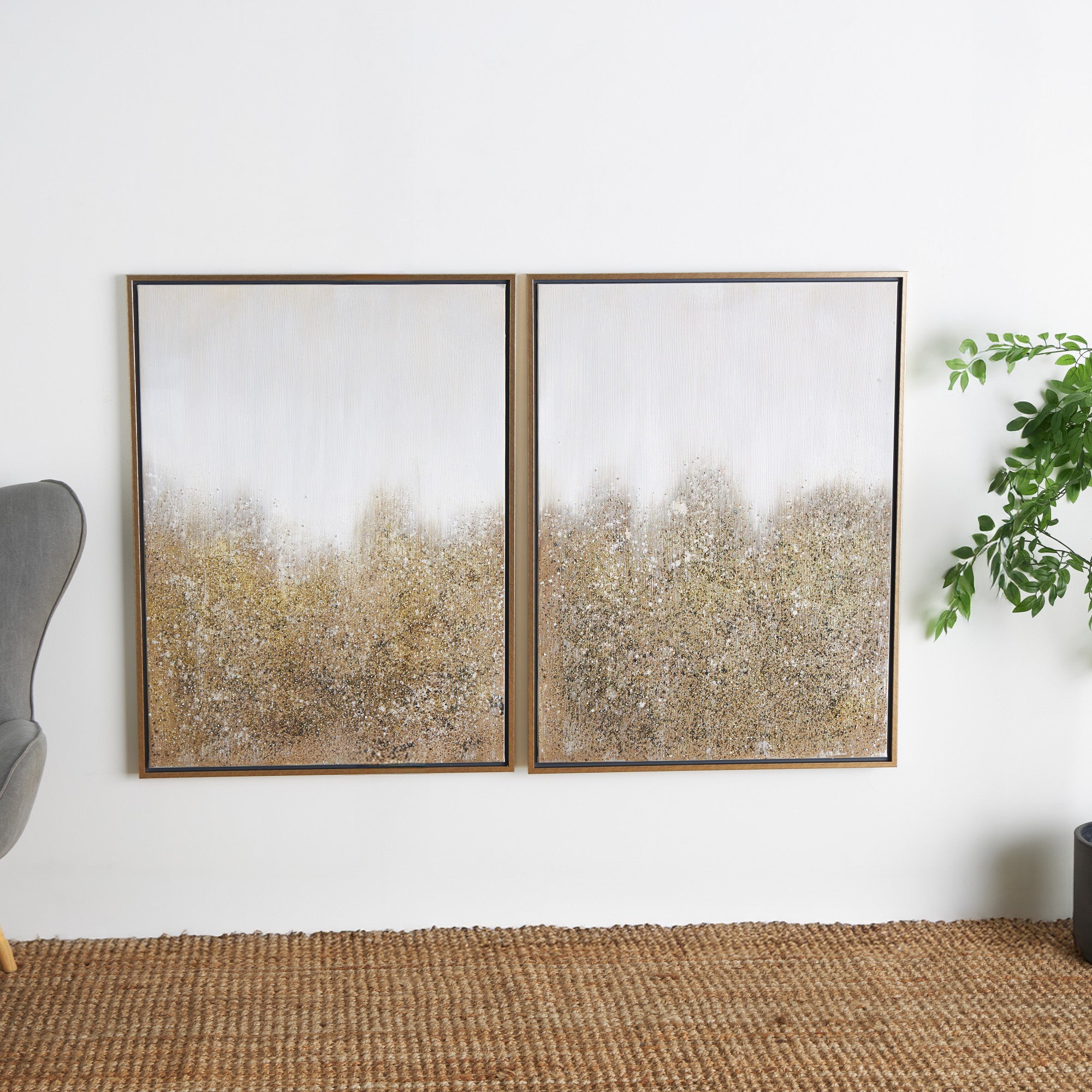 CosmoLiving by Cosmopolitan Set of 2 Abstract Gold Canvas Textured Splatter Living Room Framed Wall Art with Glitter Flakes