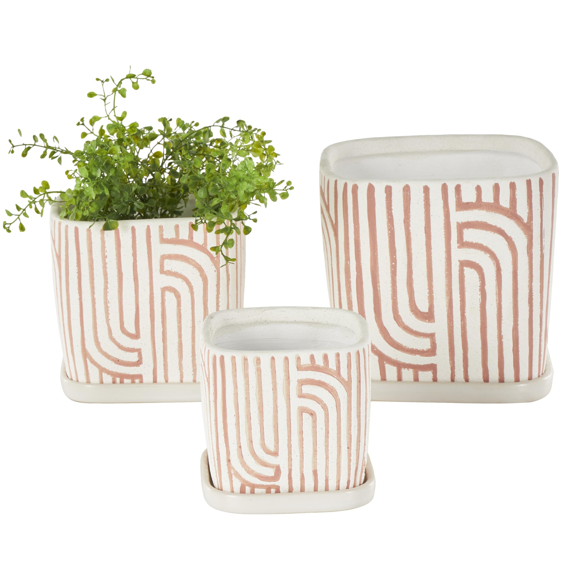 Set of 3 Geometric Ceramic Arched Patterned Indoor Outdoor Planter with Attached Saucer