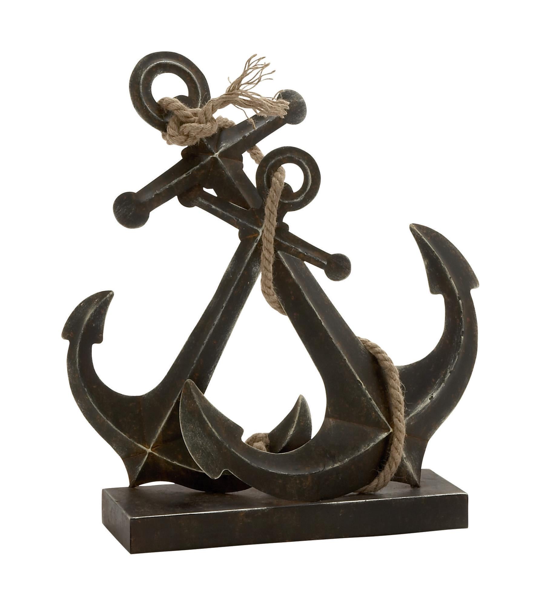 Anchor Black Metal Decorative Sculpture with Jute Rope Accents