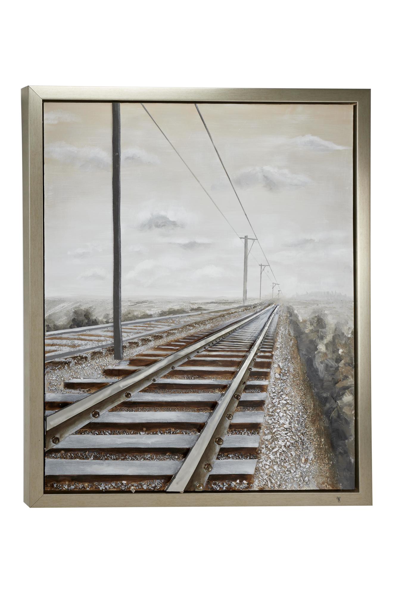 Landscape Gray Canvas Railroad Track Living Room Framed Wall Art with Silver Frame