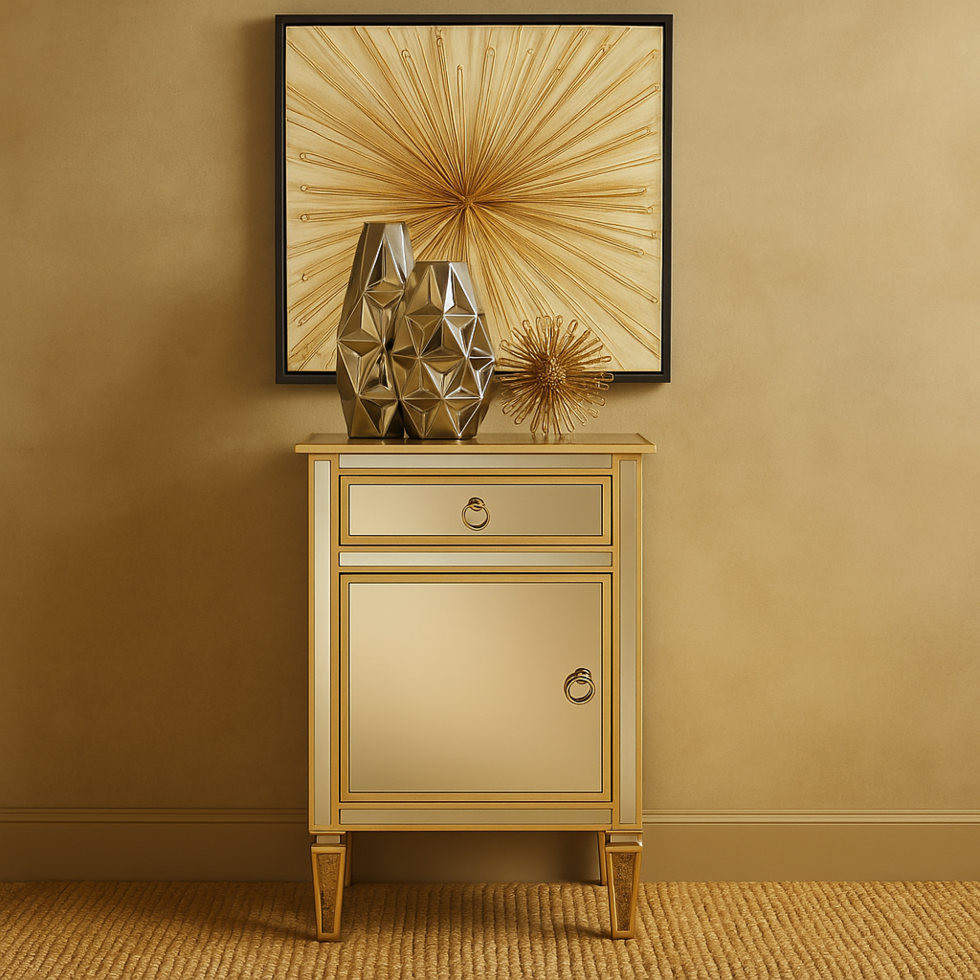 Beige Glass Mirrored 1 Door and 1 Drawer Room Cabinet