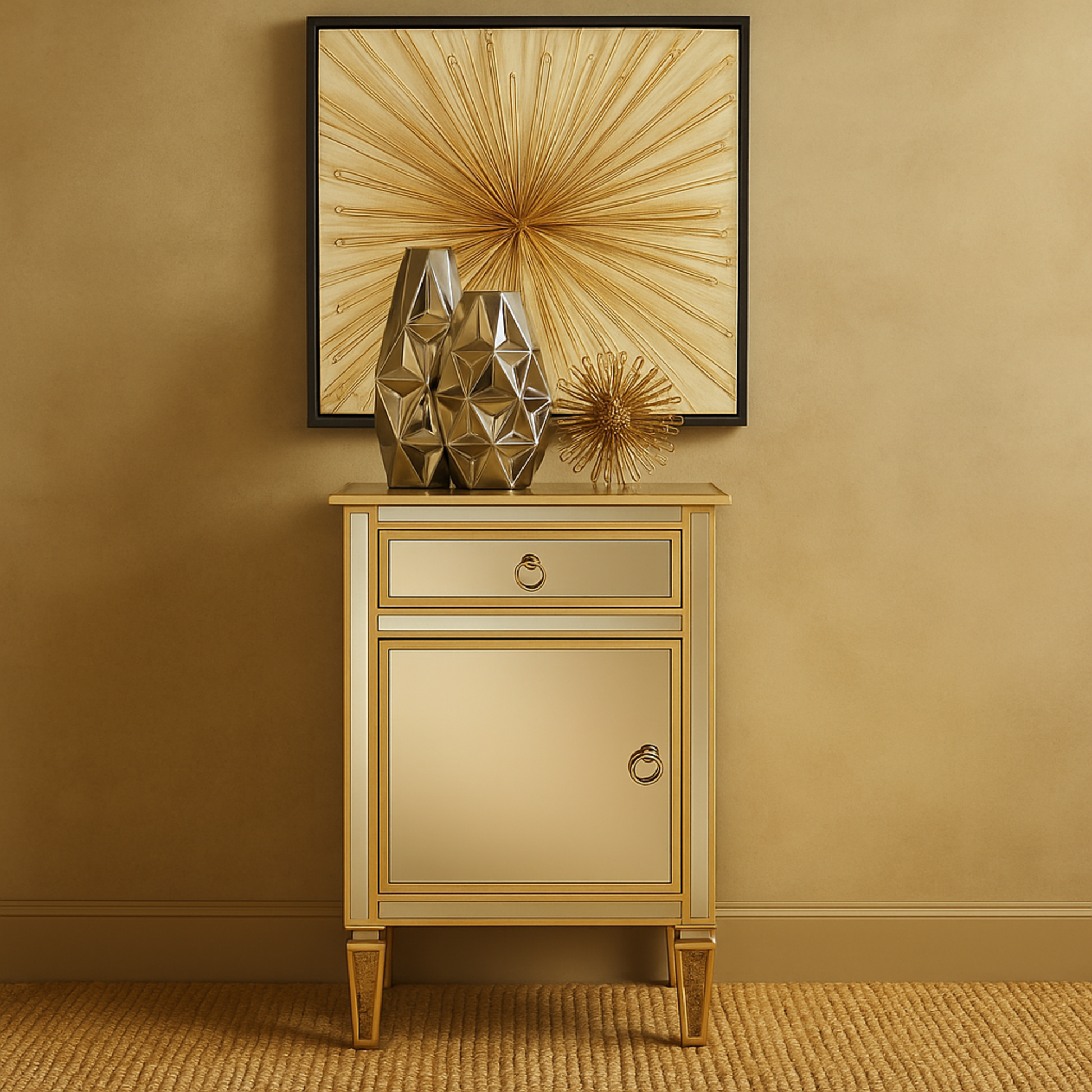 Beige Glass Mirrored 1 Door and 1 Drawer Room Cabinet