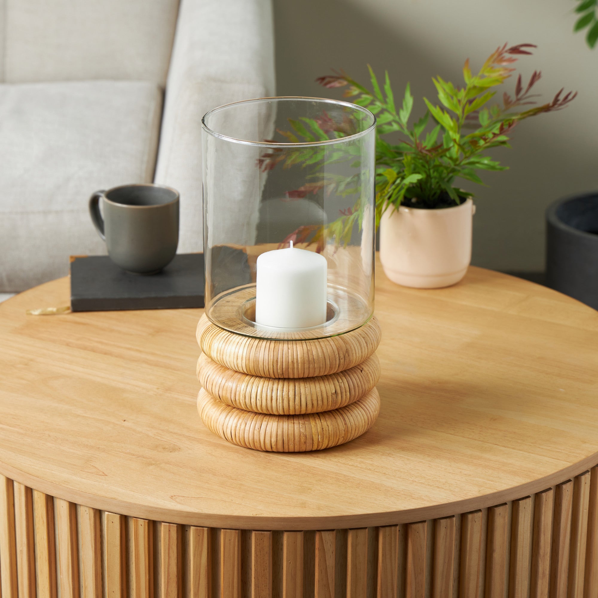 Clear Glass Round Room Hurricane Lamp with Light Brown Woven Base