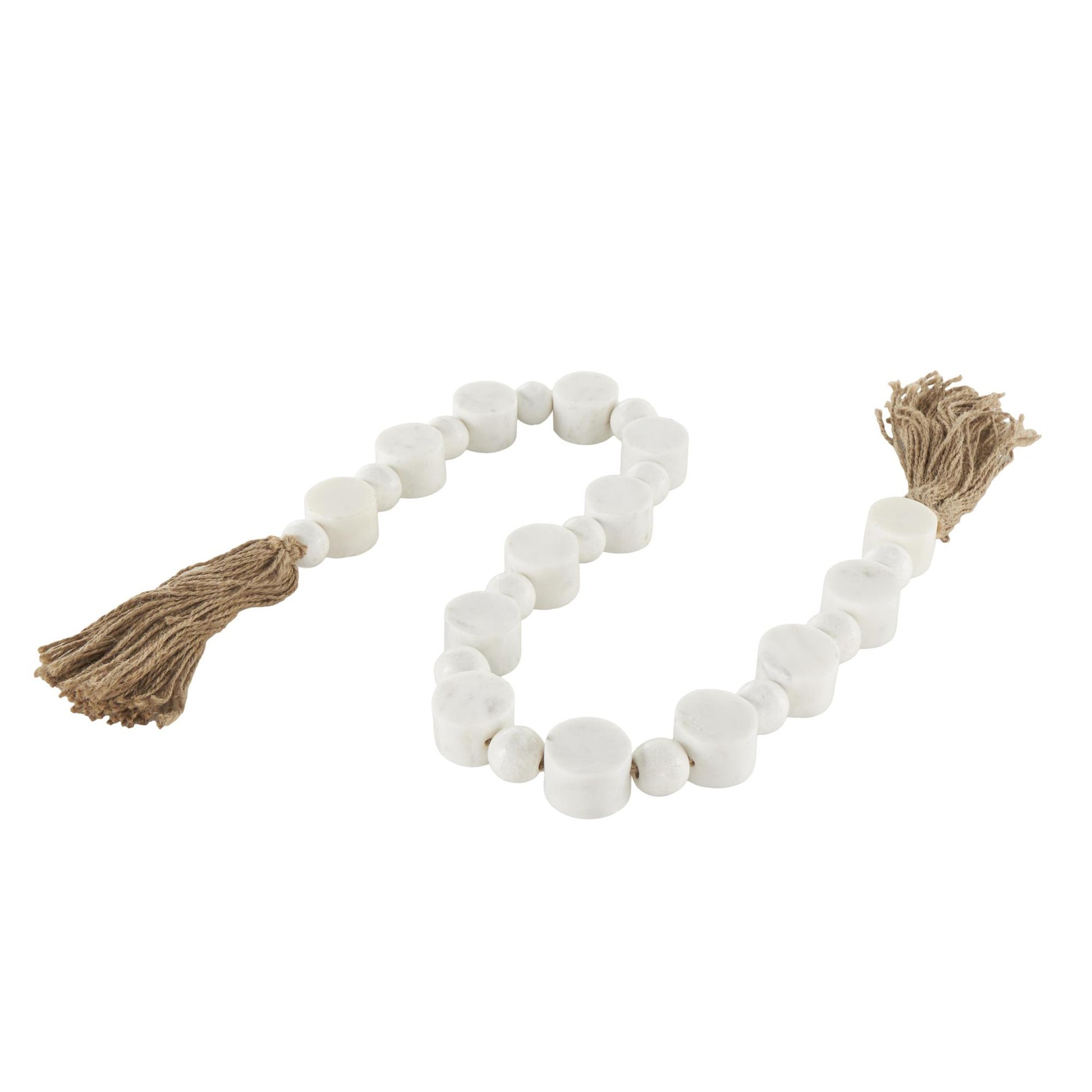 White Marble Handmade Round Extra Long Orb Beaded Garland with Tassel with Knotted Brown Jute