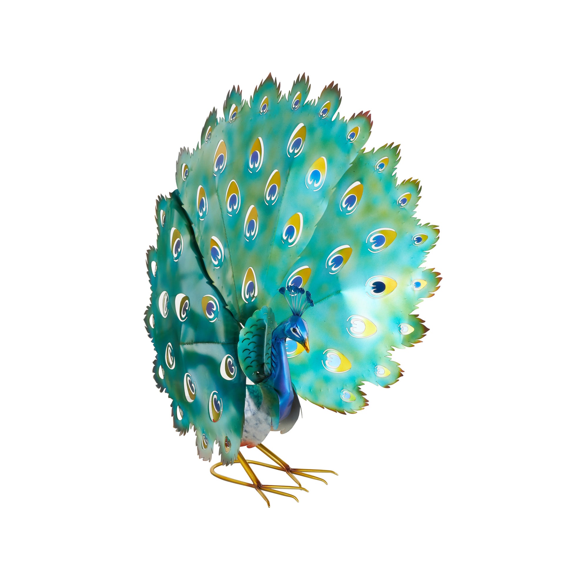 Peacock Blue Metal Decorative Garden Sculpture with Gold Legs and Teal Wings