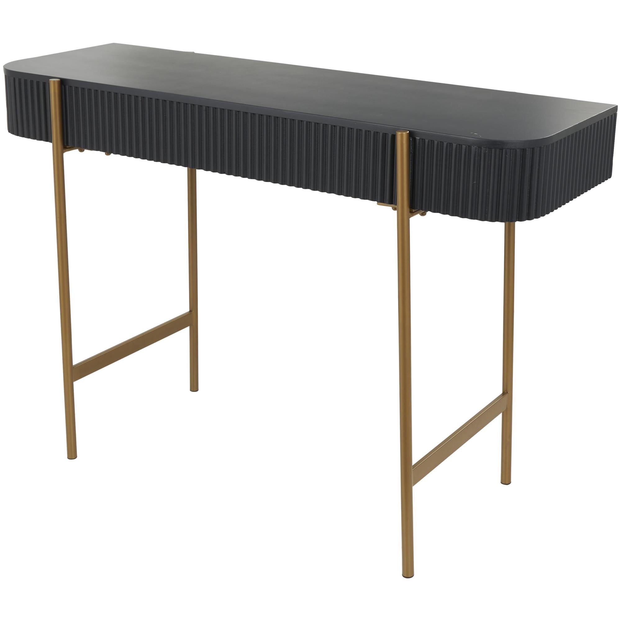 Black Wooden Rounded Rectangular Ribbed Living Room Console Table with Gold Metal Legs