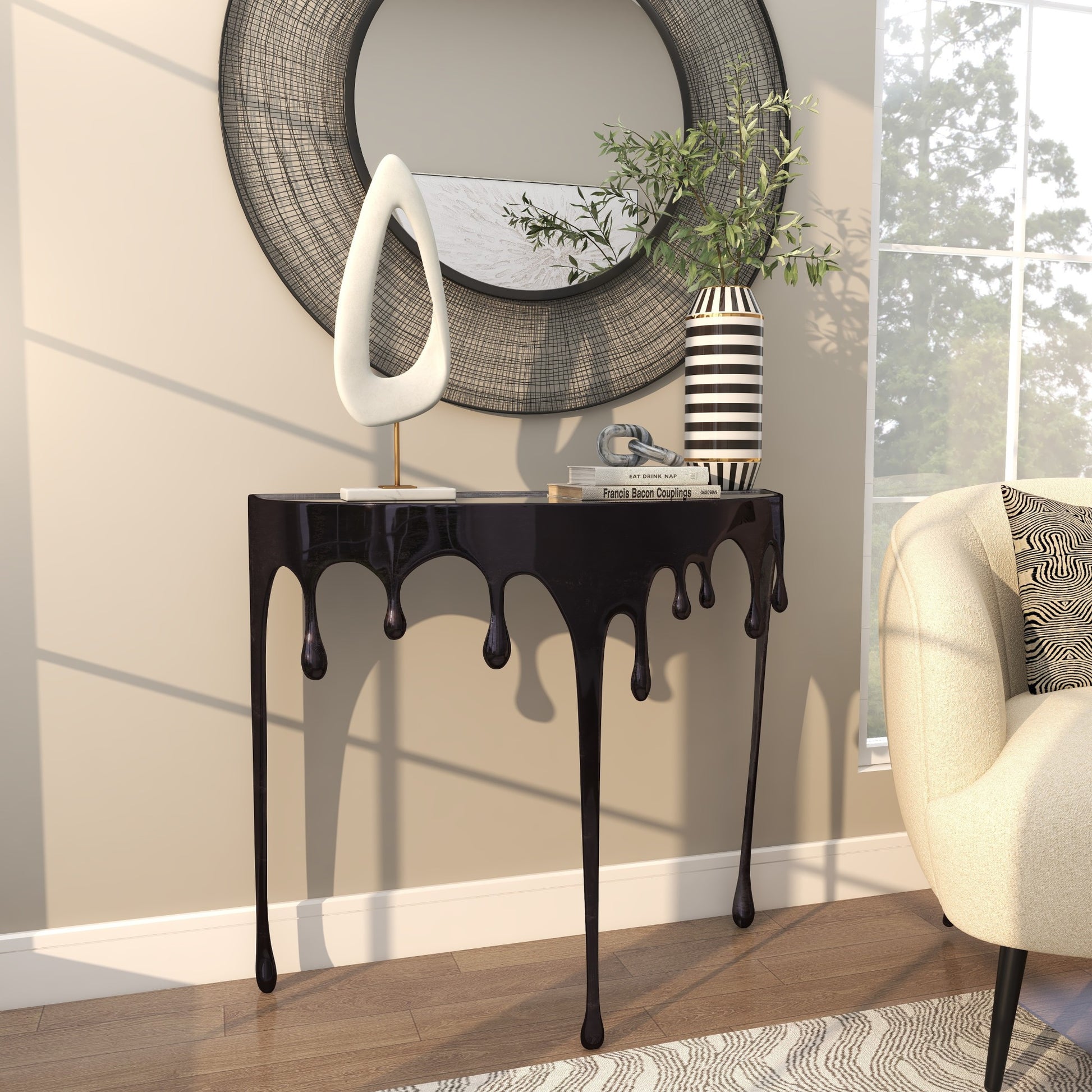 Abstract Aluminum Metal Crescent Drip Living Room Console Table with Melting Design Legs and Glass Top