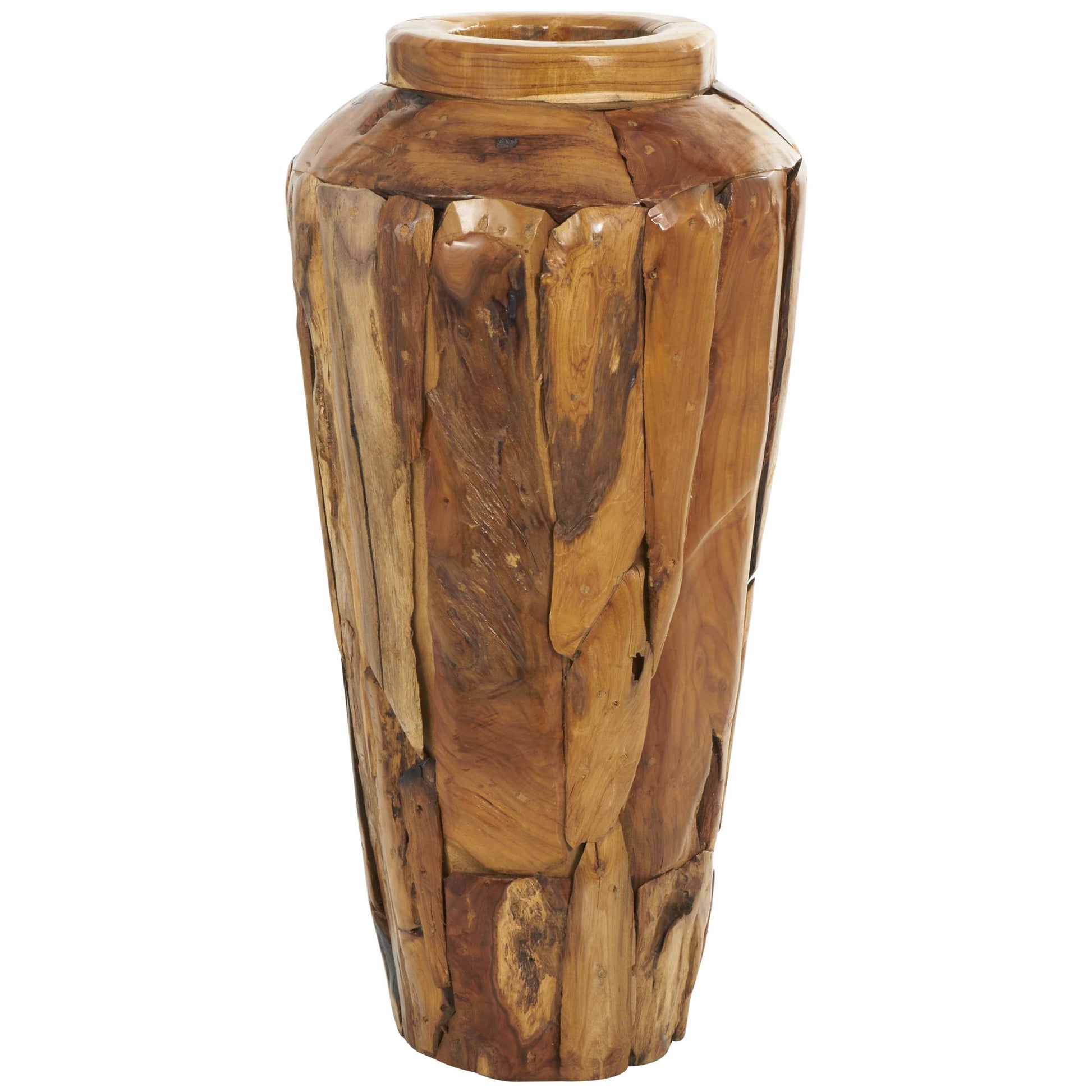 Brown Teak Wood Handmade Tall Floor Decorative Vase with Mosaic Live Edge Pieces