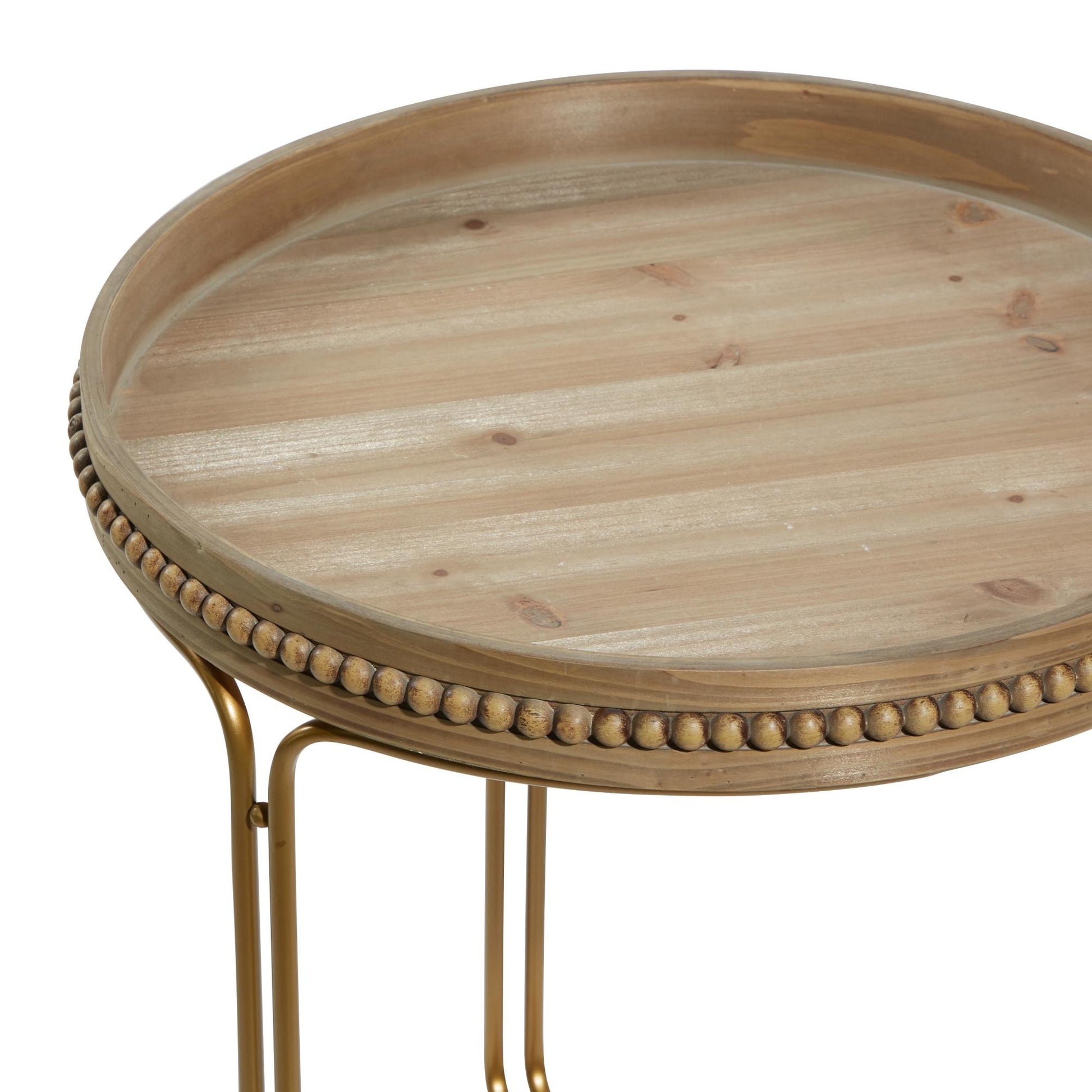 Set of 2 Brown Wooden Round Beaded Nesting Side End Accent Table