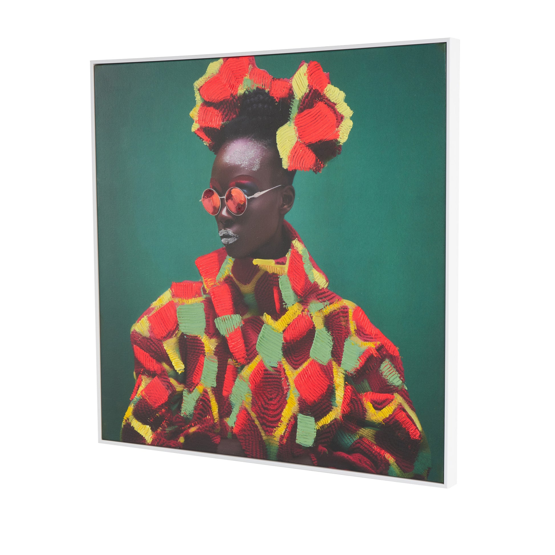 Woman Green Canvas Chic Living Room Framed Wall Art with Red and Yellow Dresswear