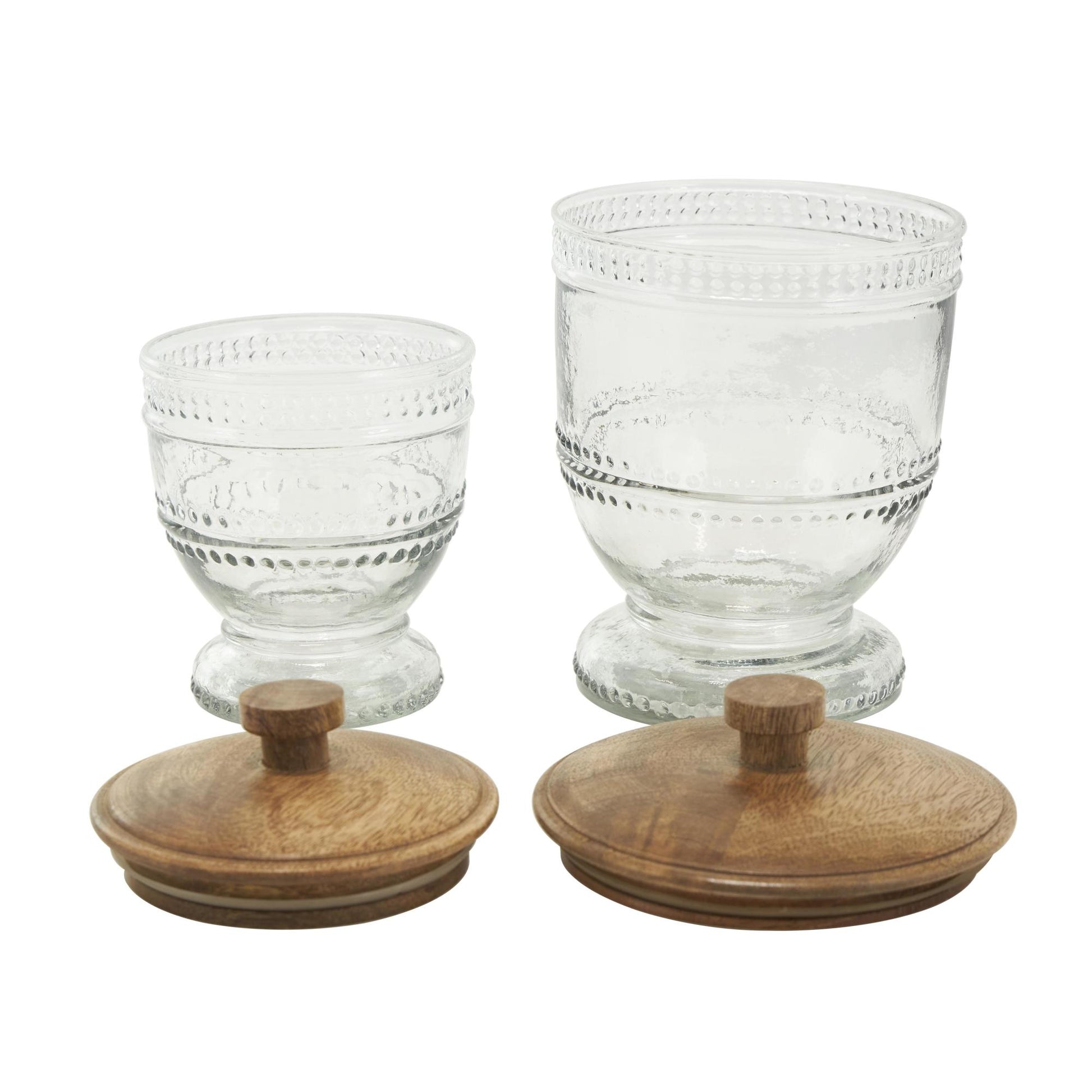 Set of 2 Clear Glass Beaded Living Room Decorative Jars with Wood Lids