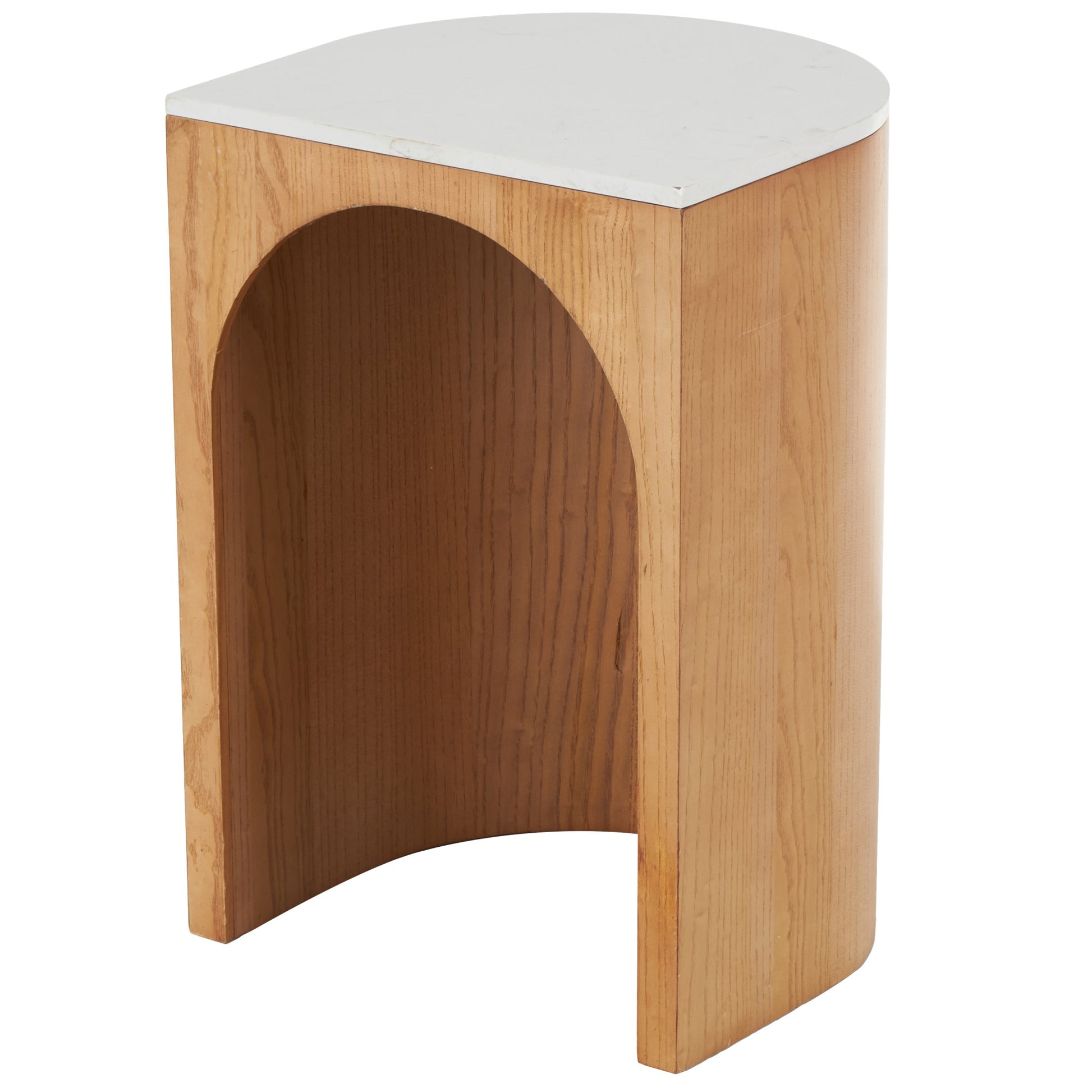 Wood Cutout Arch Side End Accent Table with White Marble Tabletop
