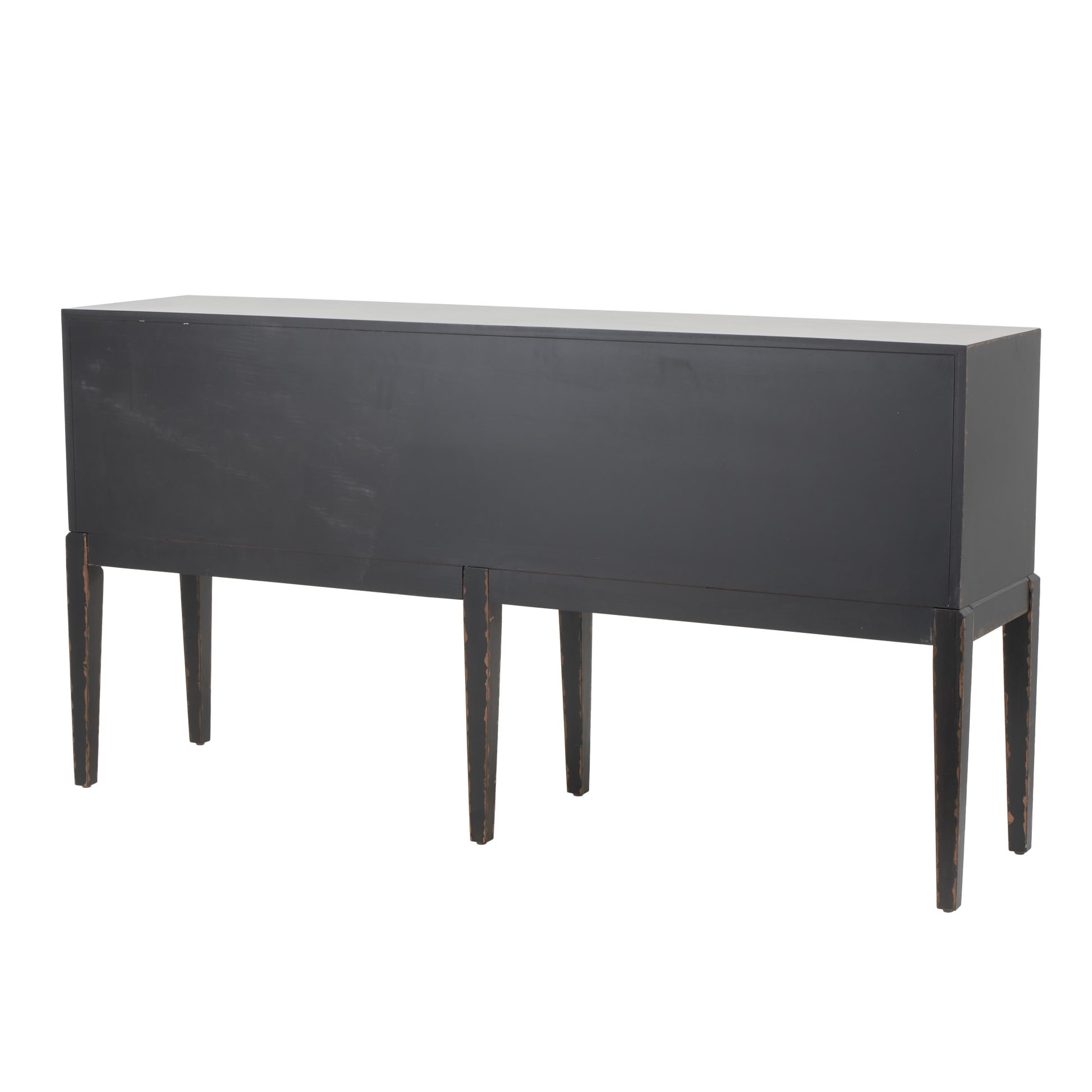 Geometric Black Wooden Distressed 4 Door Living Room Console Table with Square Mirrored Front Panels and Silver Rectangular Handles