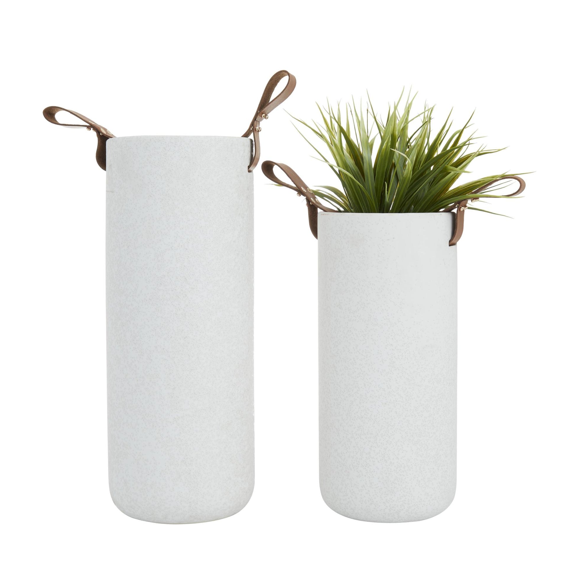 CosmoLiving by Cosmopolitan Set of 2 White Ceramic Decorative Vase with Leather Handles