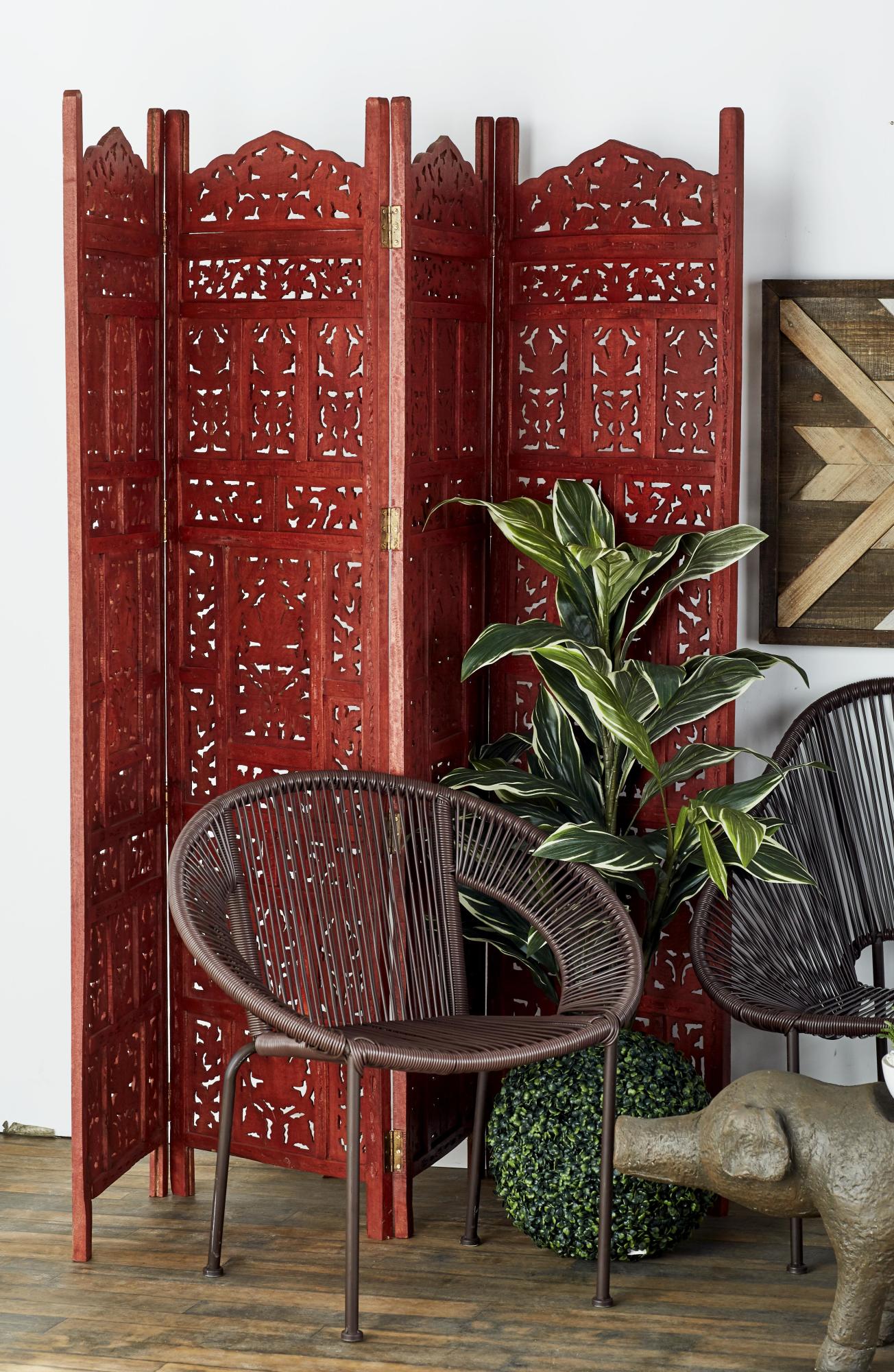 Floral Red Wood Handmade Carved Foldable Partition 4 Panel Partition Room Divider Screen