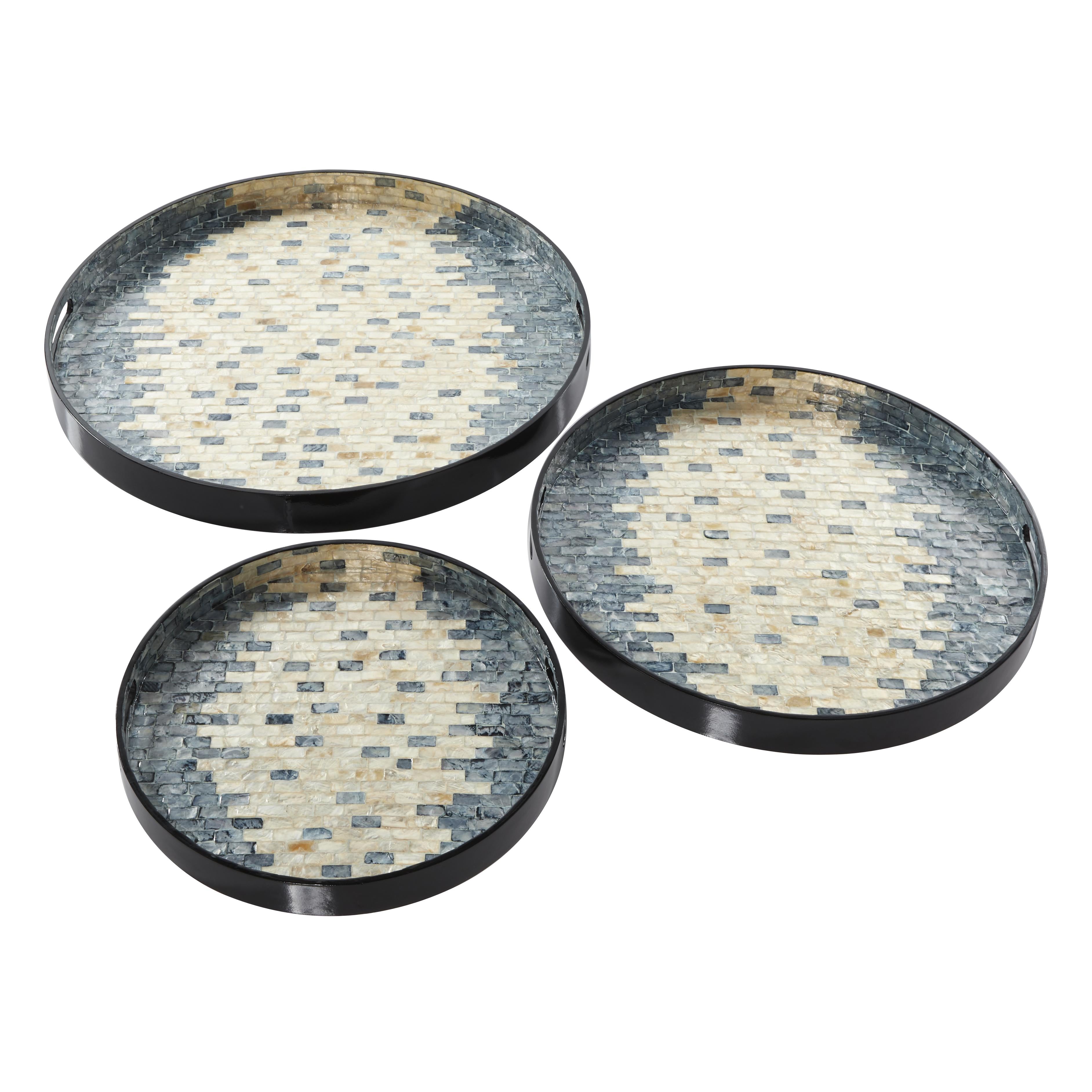 Set of 3 Mother of Pearl Shell Handmade Chevron Living Room Decor Tray with Slot Handles