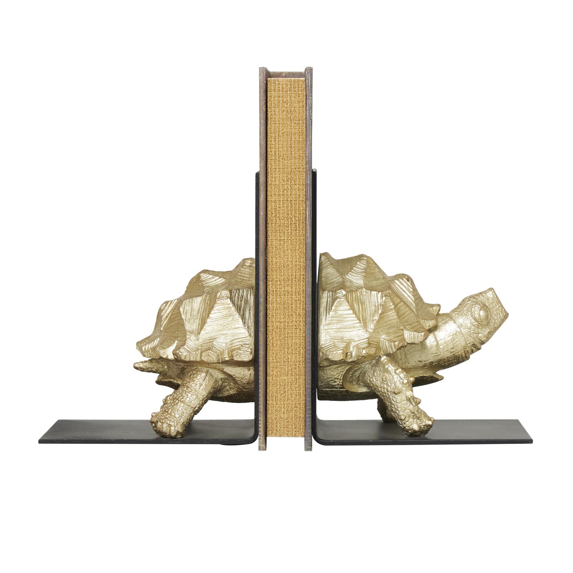 CosmoLiving by Cosmopolitan Set of 2 Turtle Brass Polystone Decorative Bookends with Black Stands