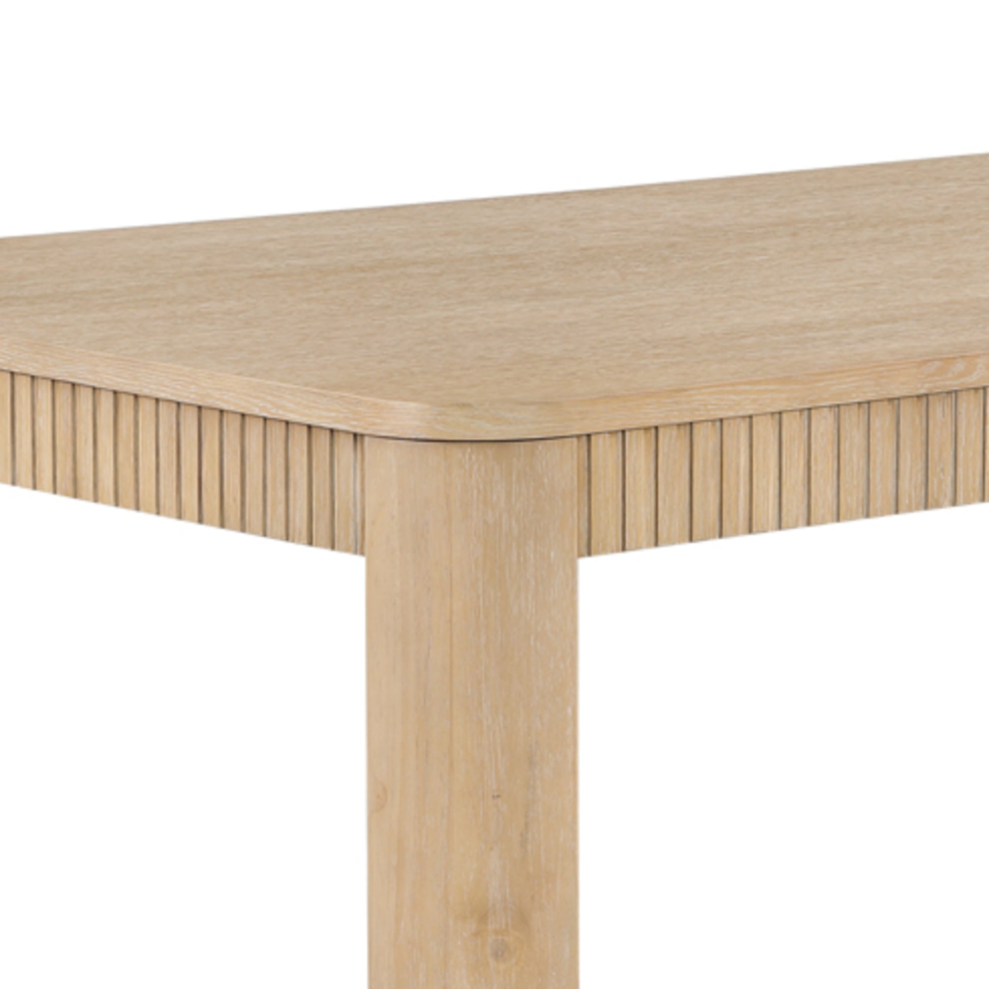 Light Brown Wood Slatted Kitchen Dining Table with Natural Wood Grains and Trapezoid Carved Legs