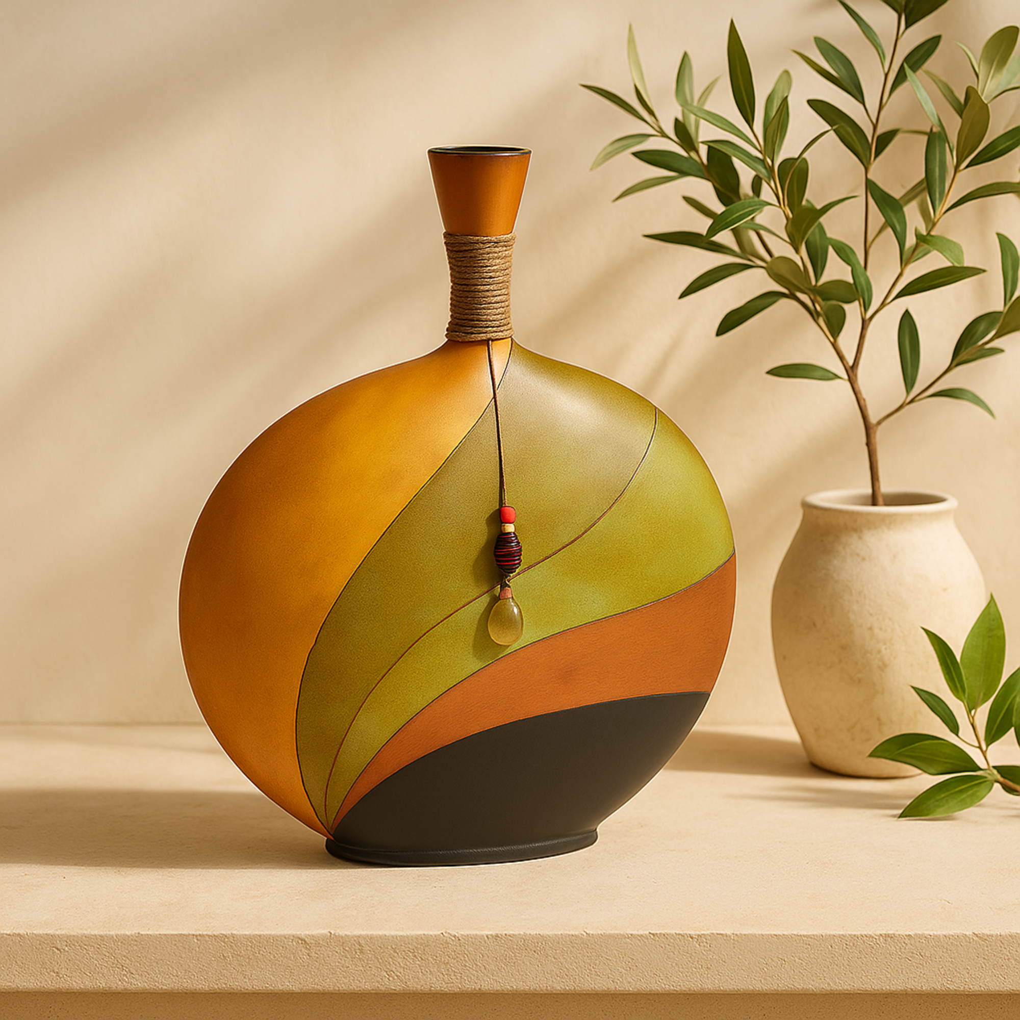 Abstract Multi Colored Polystone Decorative Vase with Wrapped Beaded Accent