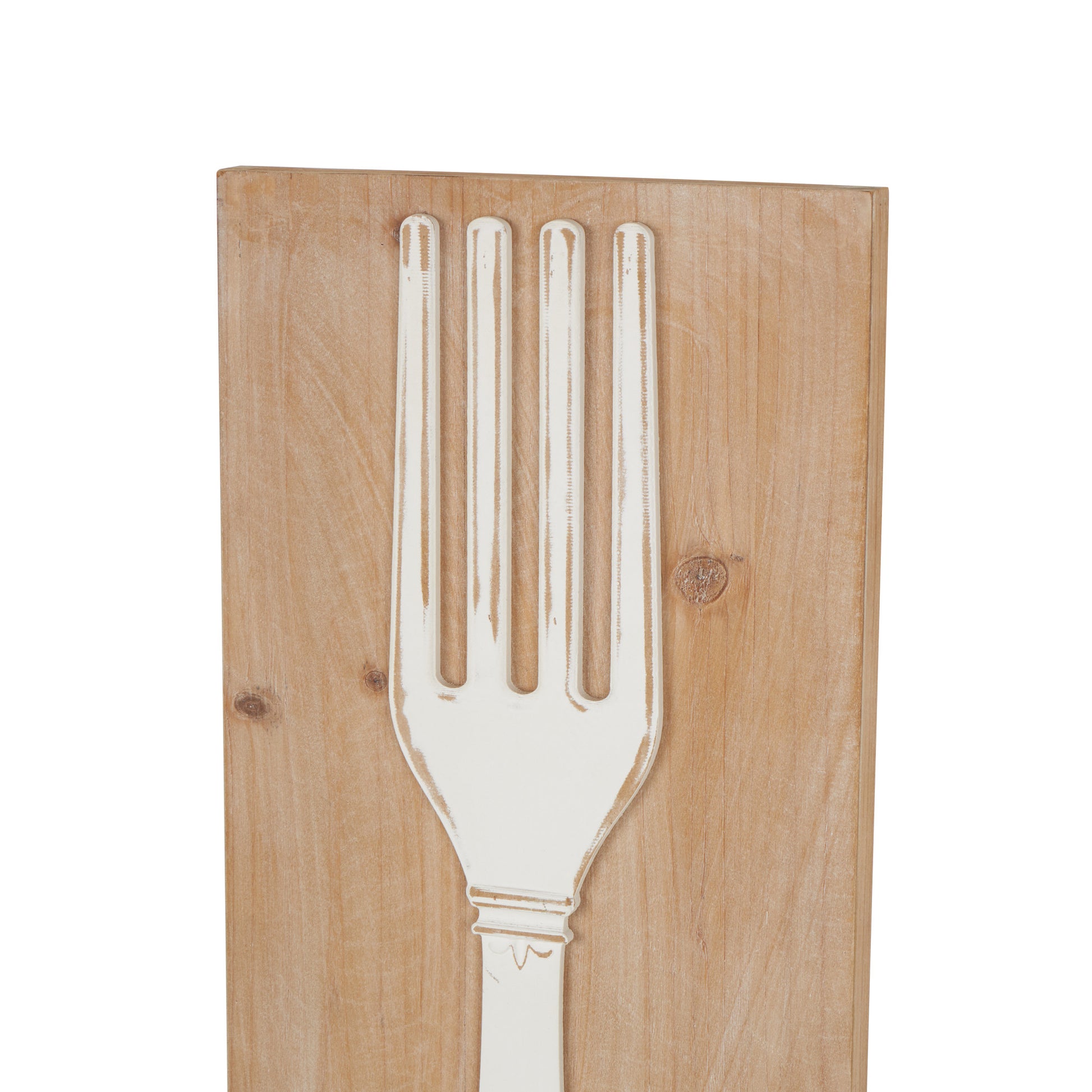 Set of 2 Utensils Brown Wooden Home Wall Decor with Carved White Floral Designs