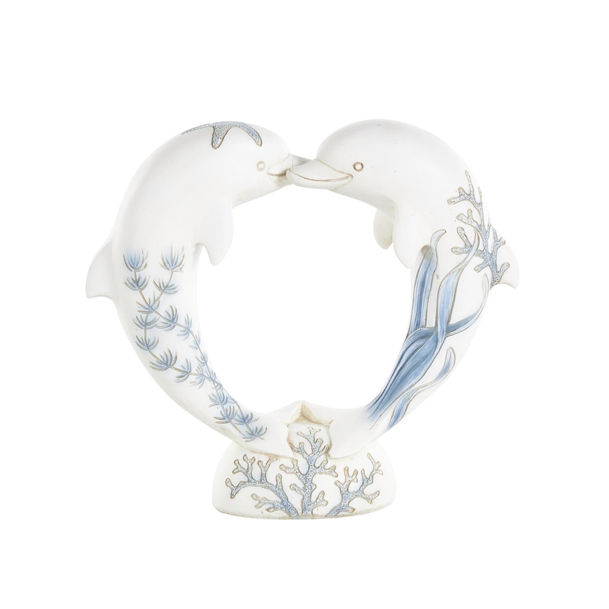 Dolphin White Polystone Heart Shaped Decorative Sculpture with Blue Coral Patterns