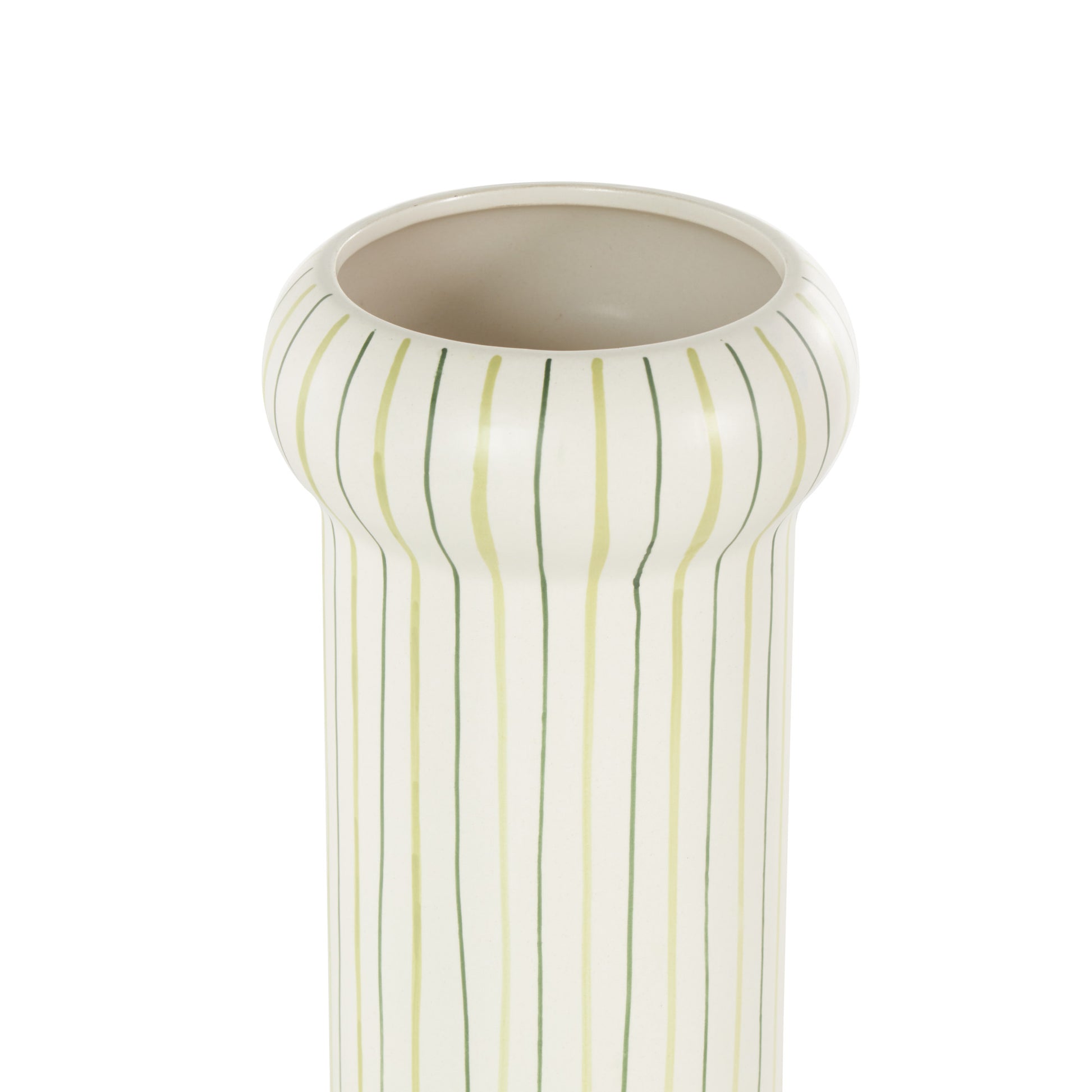 Abstract White Ceramic Round Decorative Vase with Green Linear Patterns