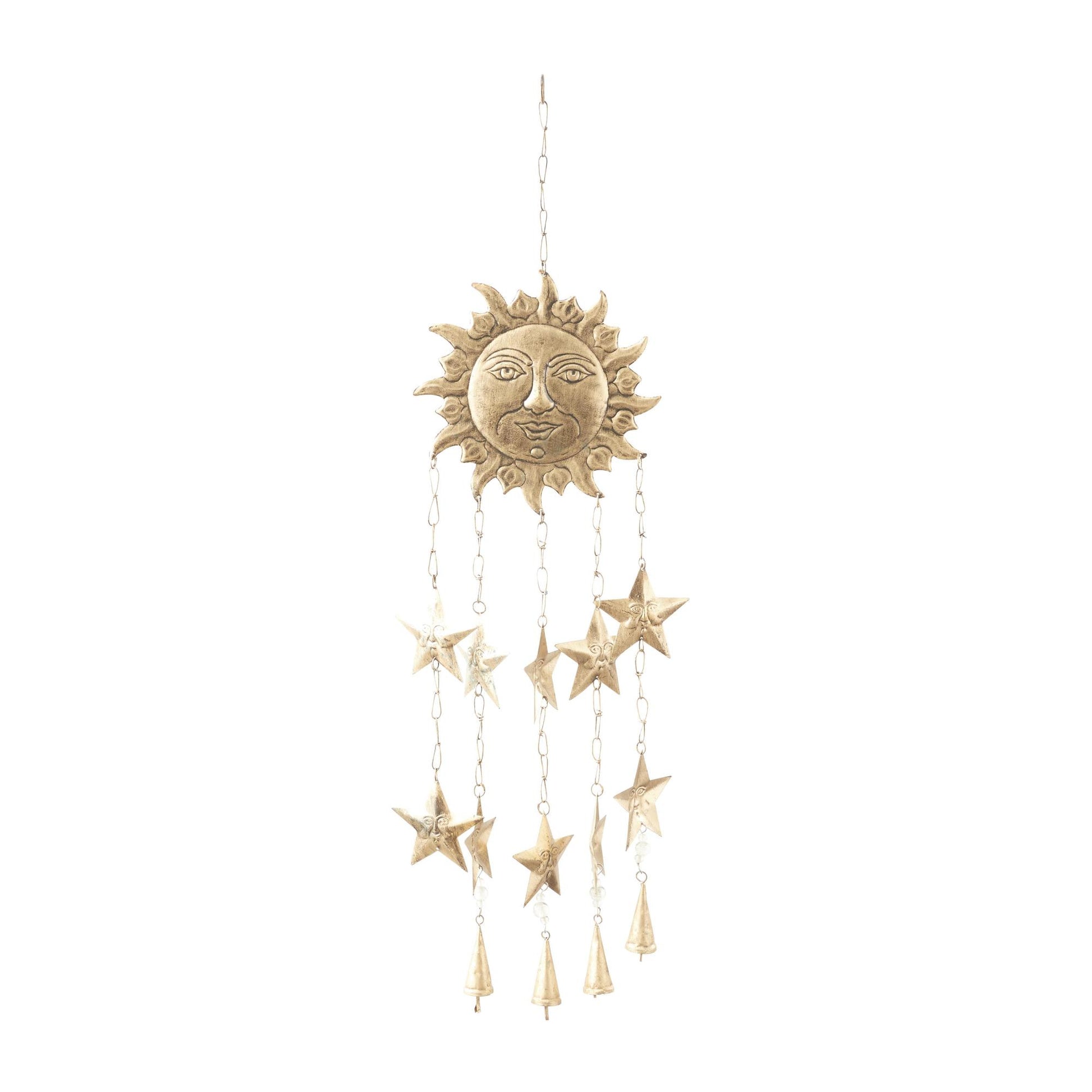Sun and Star Gold Metal Handmade Indoor Outdoor Windchime with Glass Beads and Cone Bells