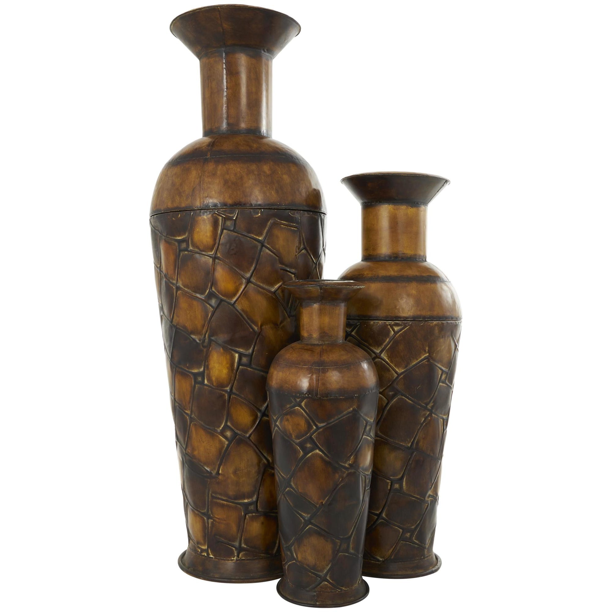 Set of 3 Brown Metal Indoor Outdoor Tall Floor Bottleneck Decorative Vase with Tortoise Shell Pattern