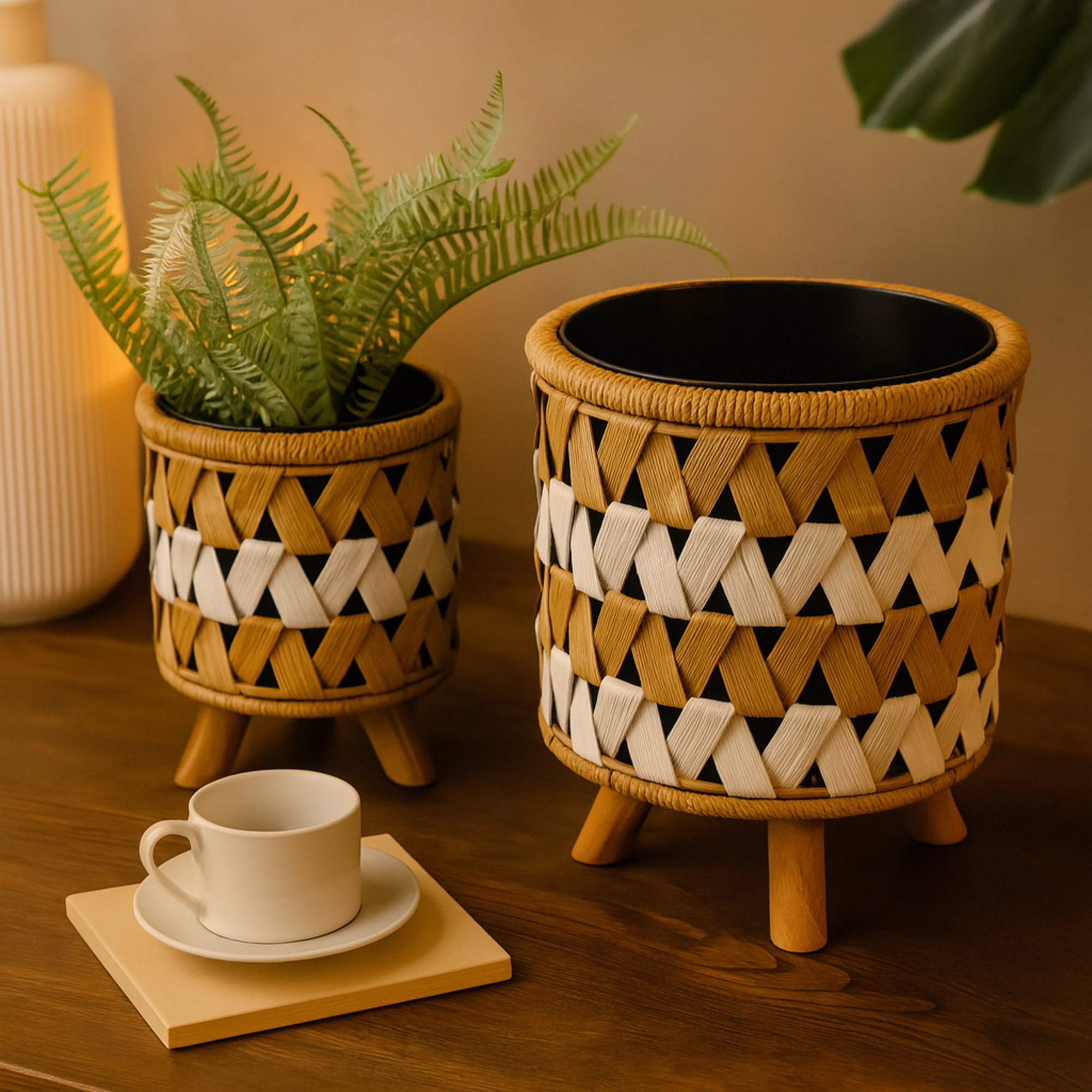 Set of 2 Geometric Brown Jute Rope Handmade Woven Chevron Indoor Planter with Wooden Legs