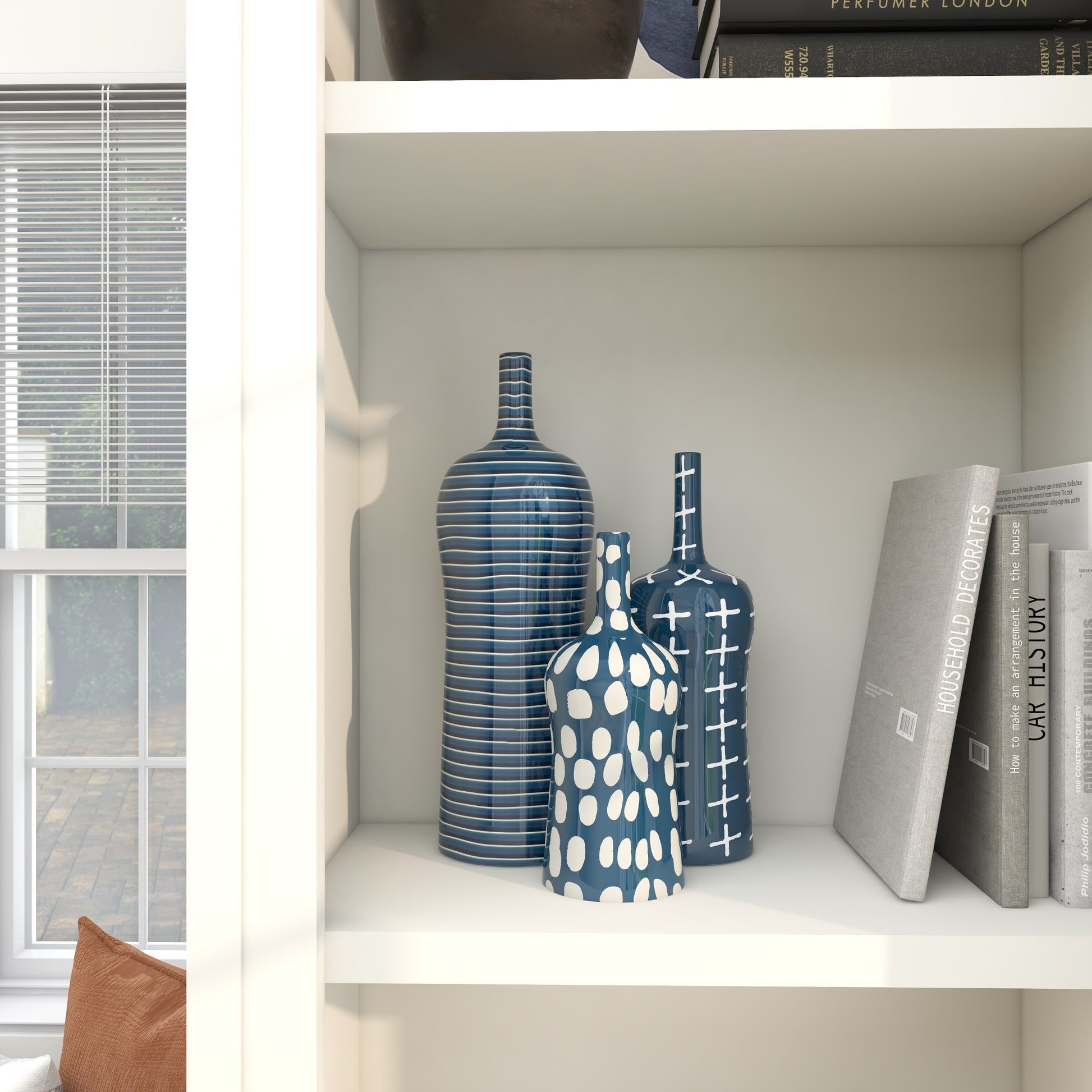 Set of 3 Blue Ceramic Decorative Vase with Varying Patterns