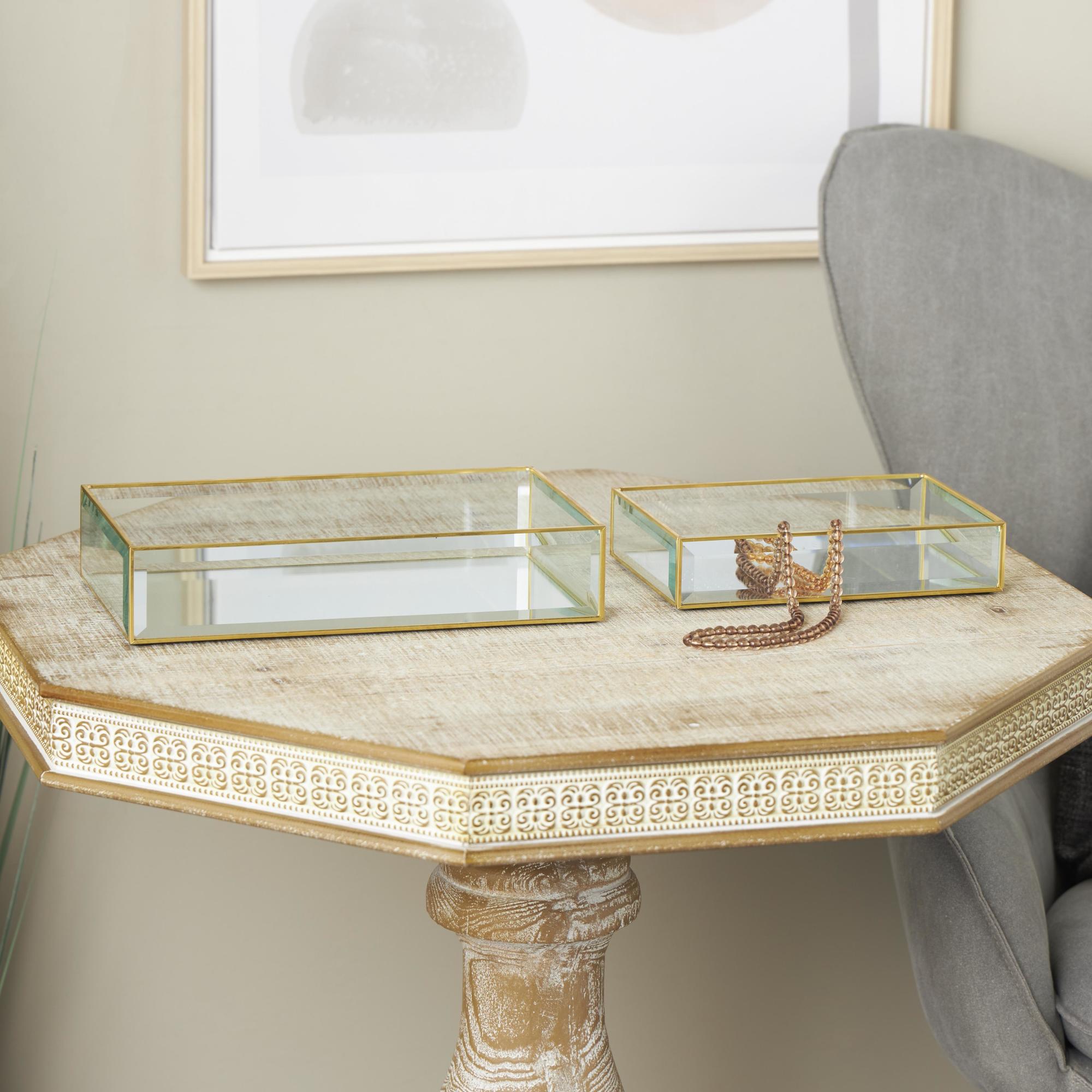 Set of 2 Clear Glass Beveled Decorative Jewelry Box with Gold Metal Frame