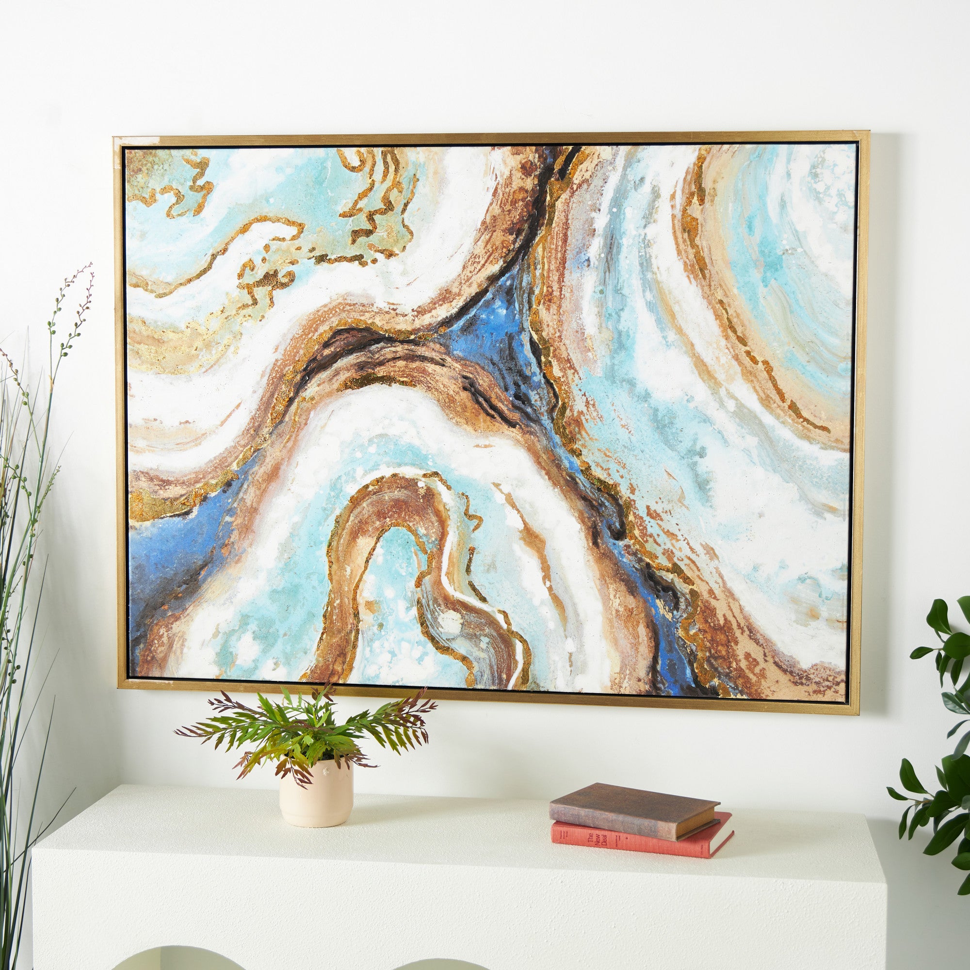 Geode Blue Canvas Enlarge Slice Living Room Framed Wall Art with Gold Foil Accents