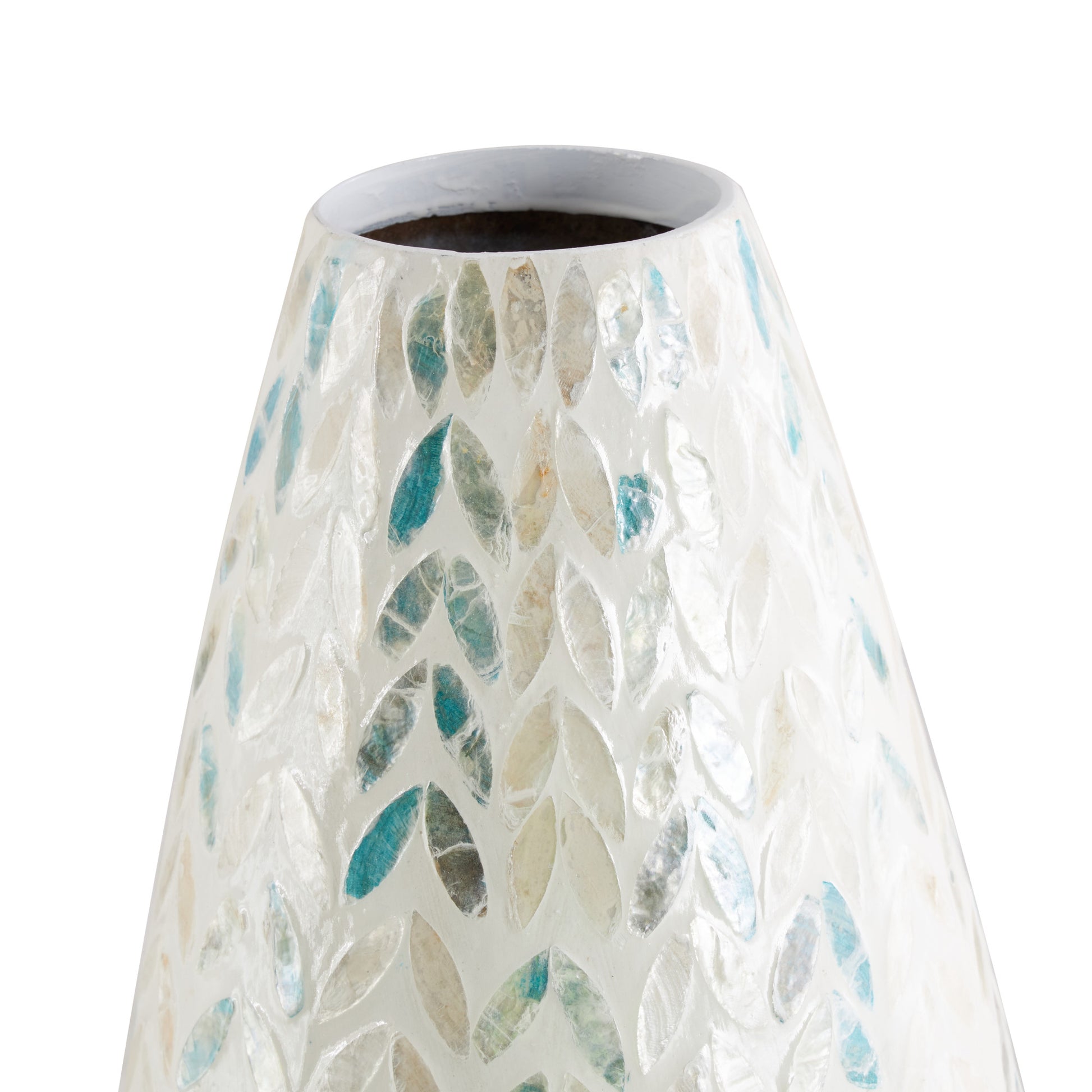 Leaf Cream Mother of Pearl Shell Handmade Tall Mosaic Decorative Vase with Blue Accents
