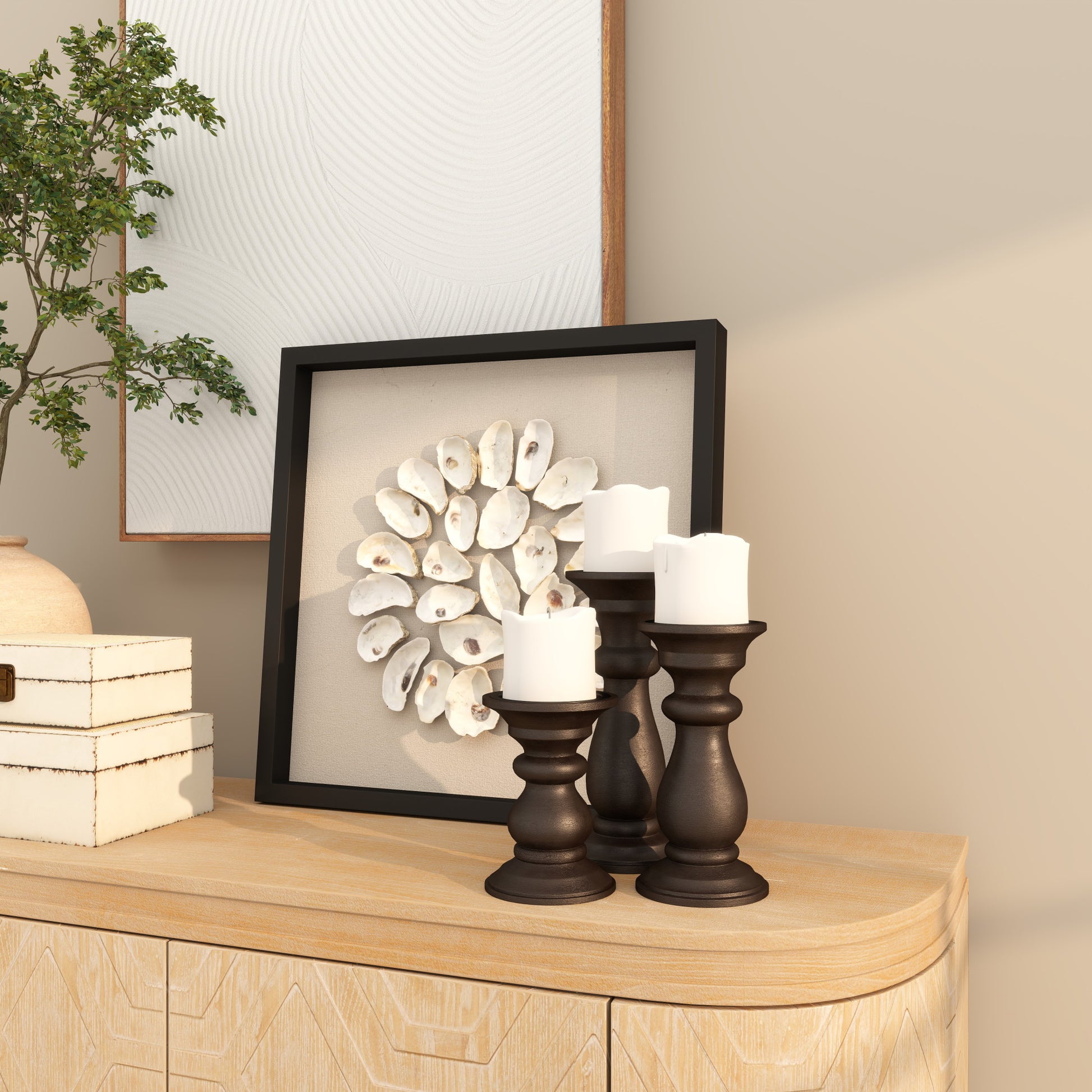 Set of 3 Mango Wood Turned Style Pillar Decorative Candle Holder