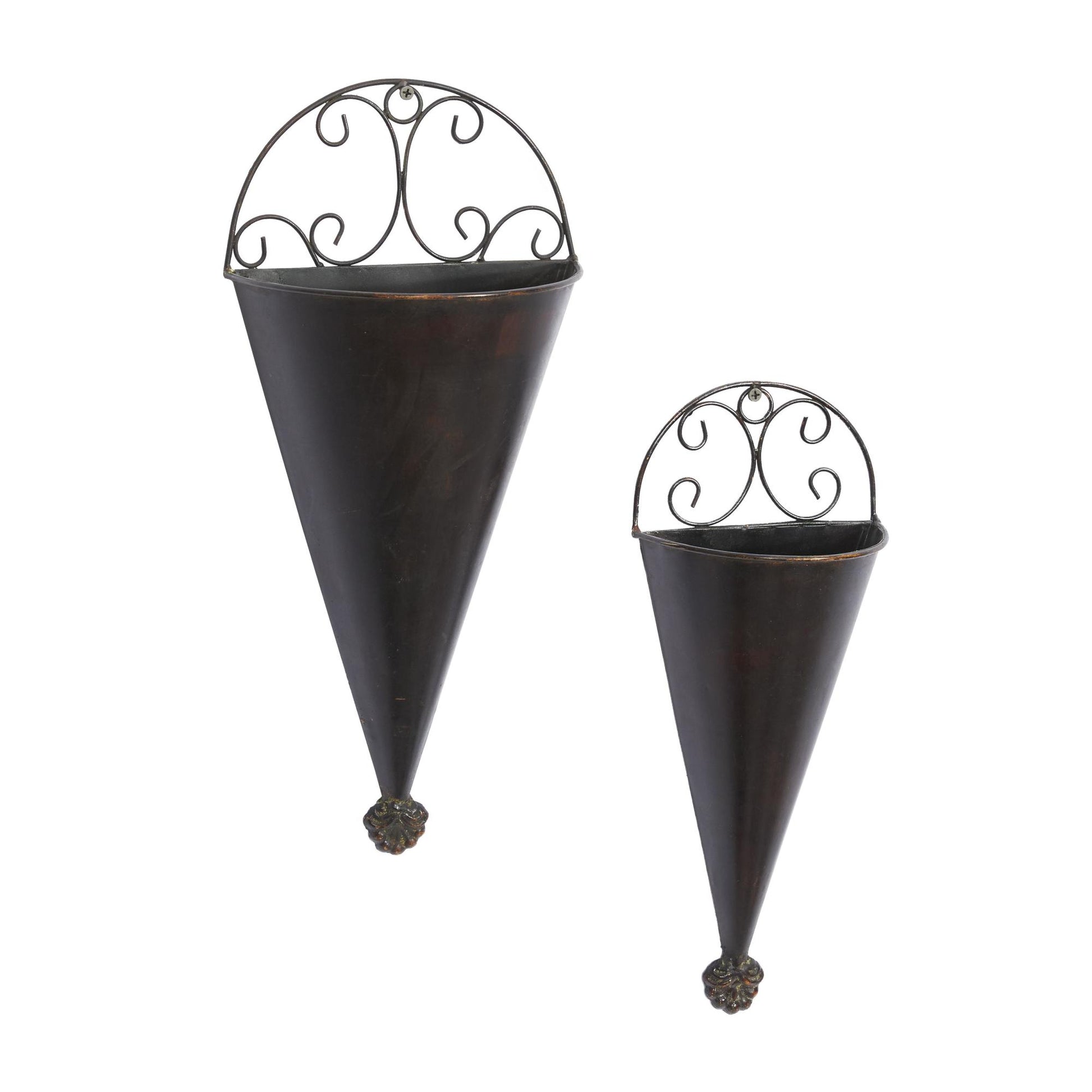 Set of 2 Scroll Black Metal Cone Indoor Outdoor Wall Planter