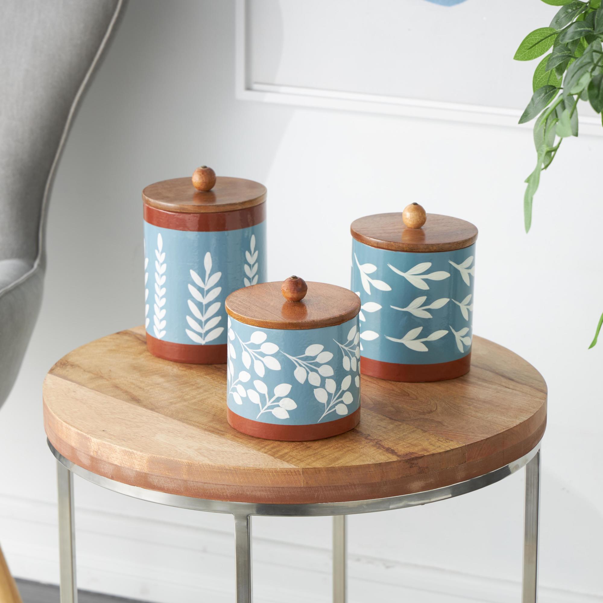Set of 3 Floral Ceramic Decorative Canisters with Wood Lids