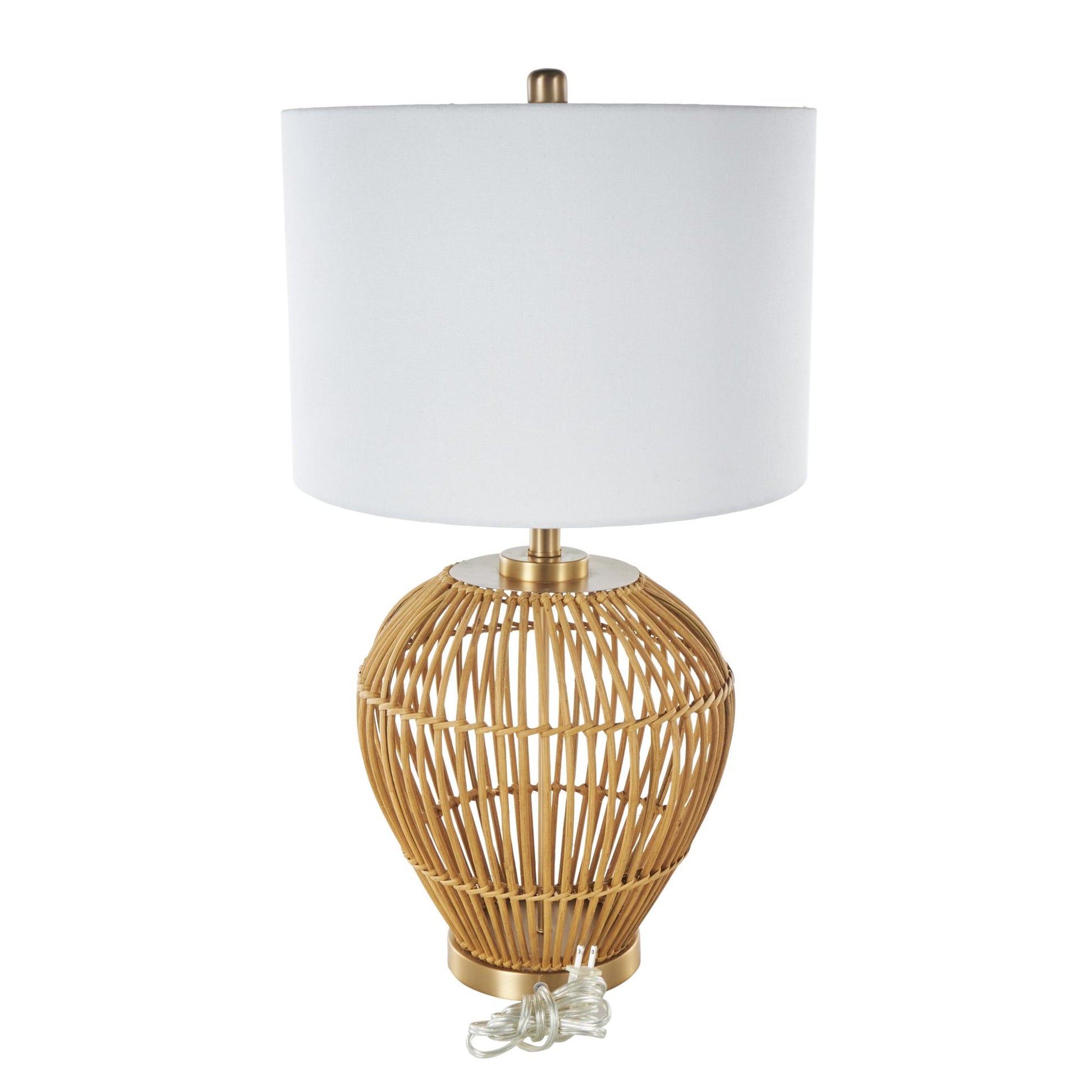 Brown Rattan Handmade Woven Open Frame Room Table Lamp with Gold Accents