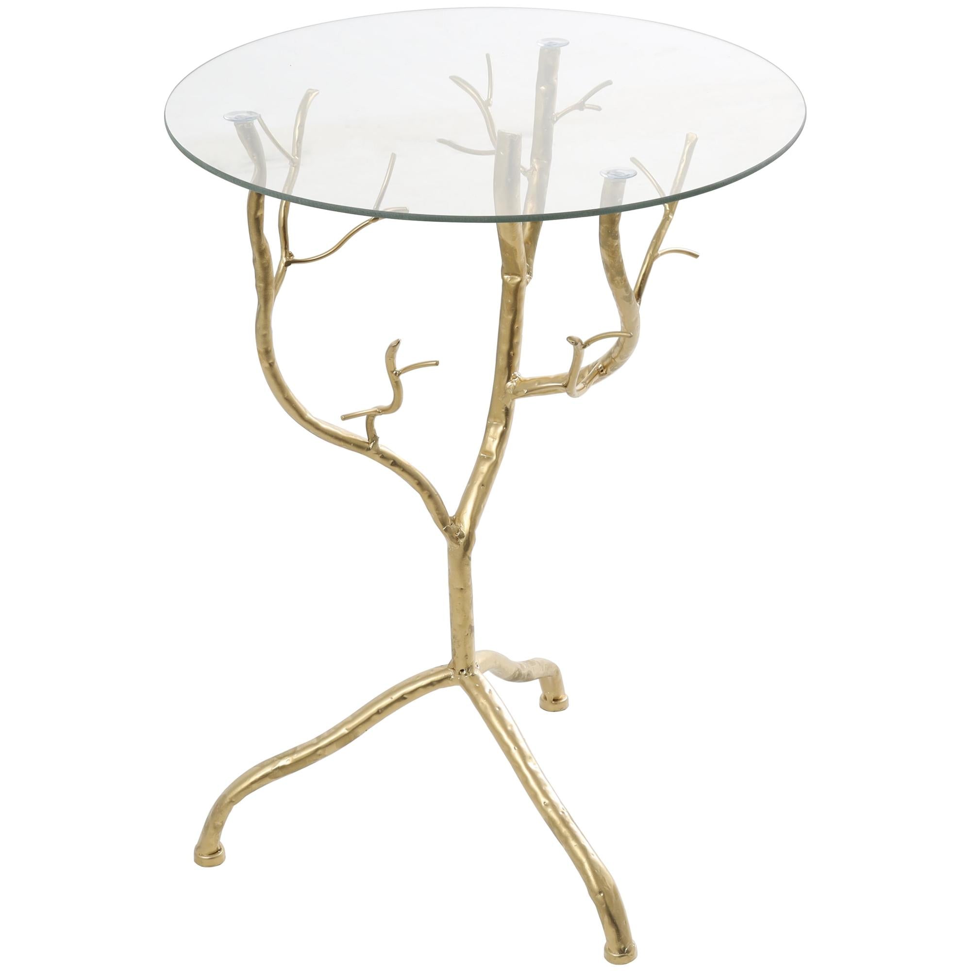 Tree Metal Branch Side End Accent Table with Tempered Glass Top