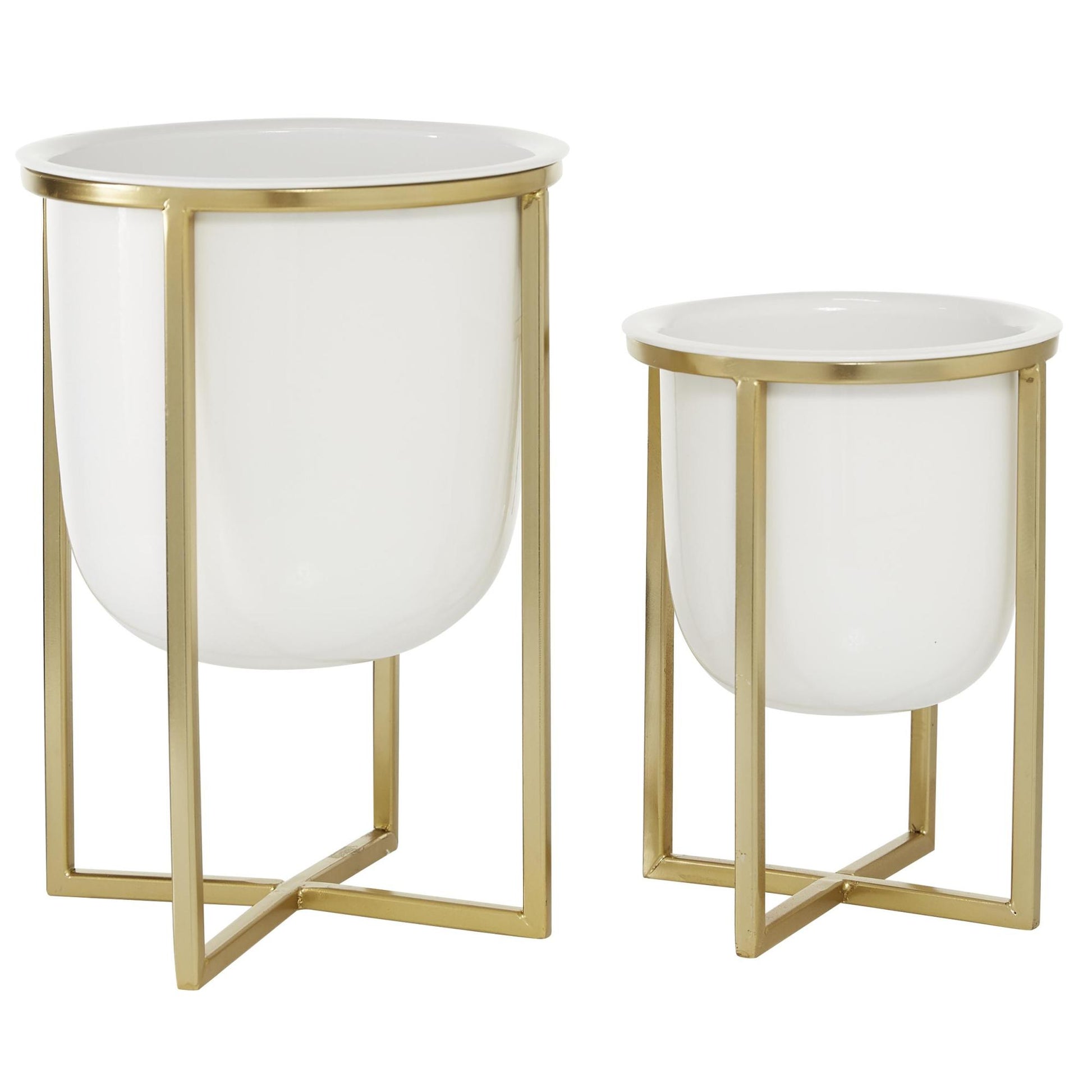 CosmoLiving by Cosmopolitan Set of 2 White Metal Dome Indoor Outdoor Planter with Gold X-Shaped Stands