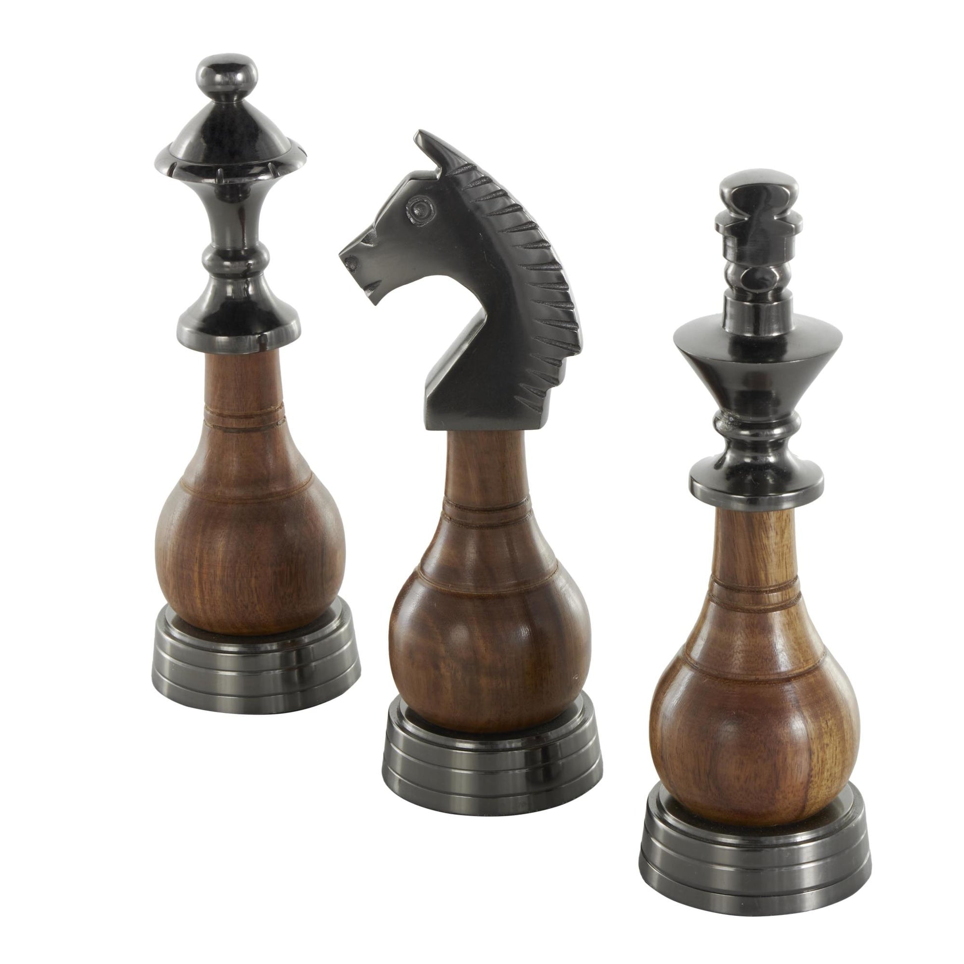 Set of 3 Chess Aluminum Metal Decorative Sculpture with Mango Wood Center Set of 3 2"W, 6"H